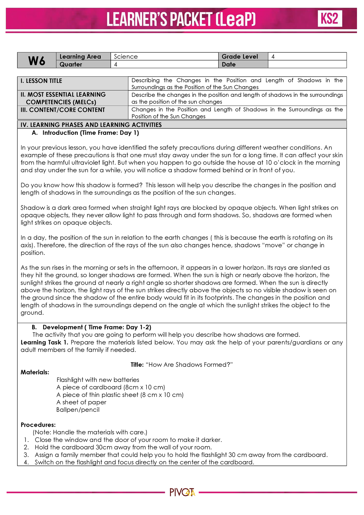 Q4 Science 4 Week6 - Qedwe - W Learning Area Science Grade Level 4 ...