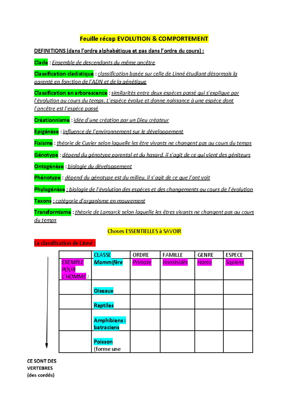 Feuille récap Evolution - Feuille récap EVOLUTION & COMPORTEMENT ...
