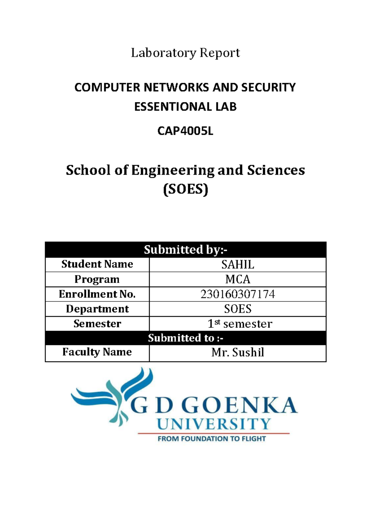 MCA network file - Laboratory Report COMPUTER NETWORKS AND SECURITY ...