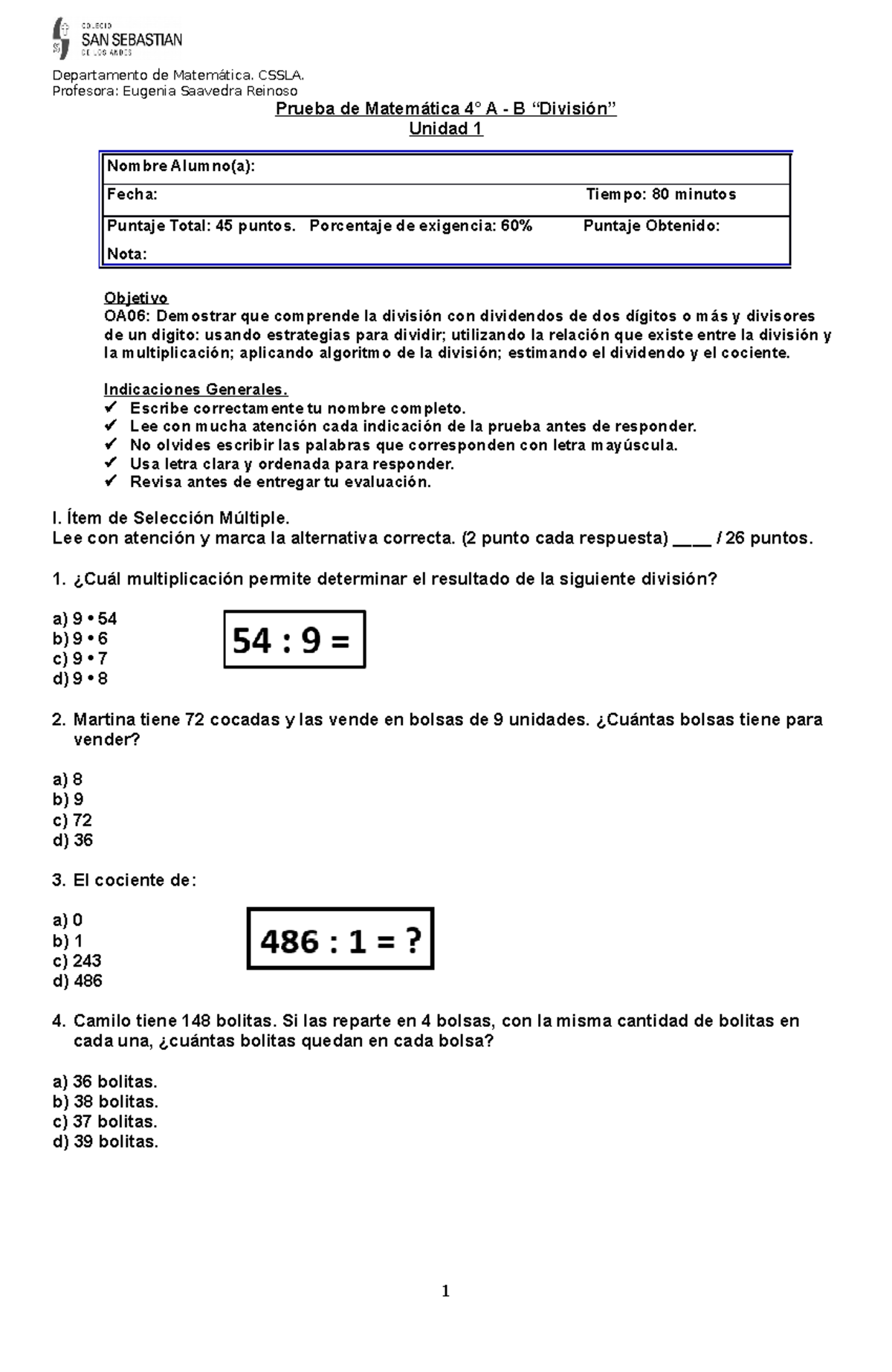 Evaluación Número 01 De Matemáticas 4º A- B - Profesora: Eugenia ...