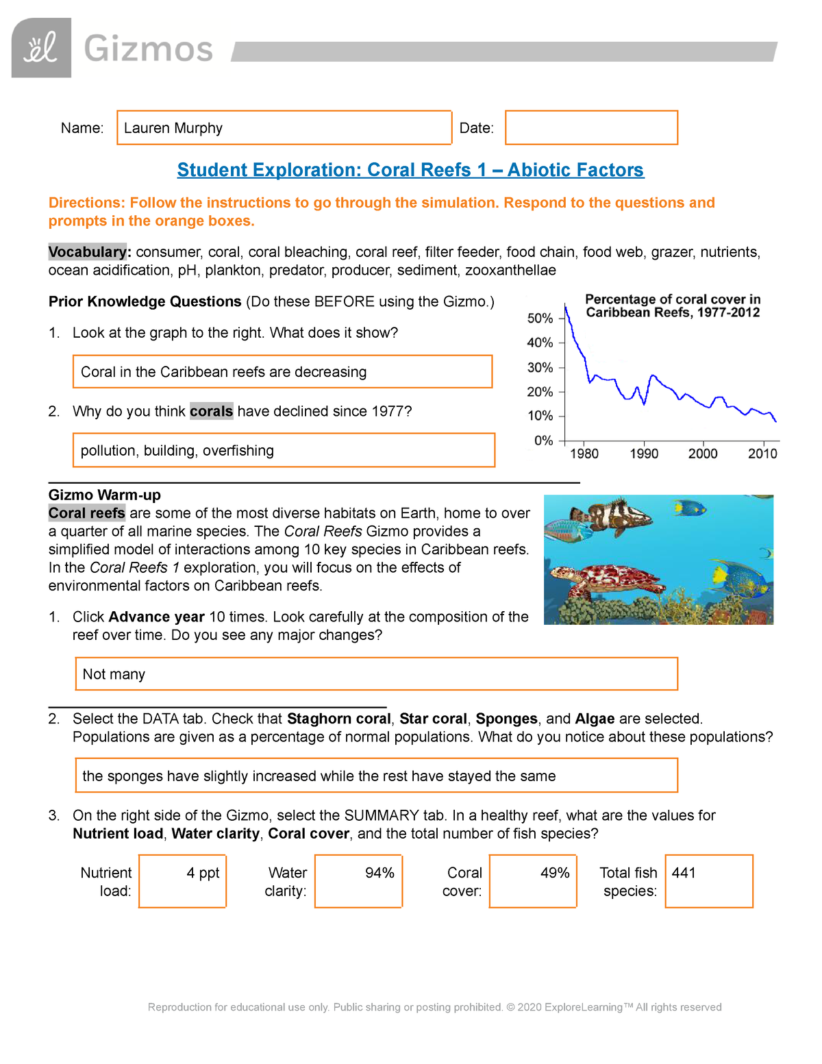Copy of Coral Reef 1SE - gizmo answers - Name: Lauren Murphy ...