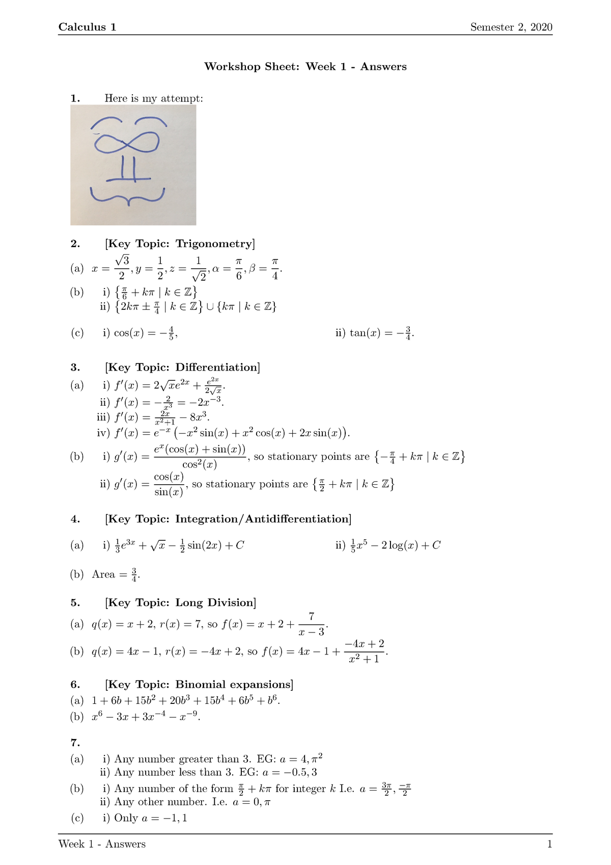 Workshop 1 Answers - Calculus 1 Semester 2, 2020 Workshop Sheet: Week 1 ...