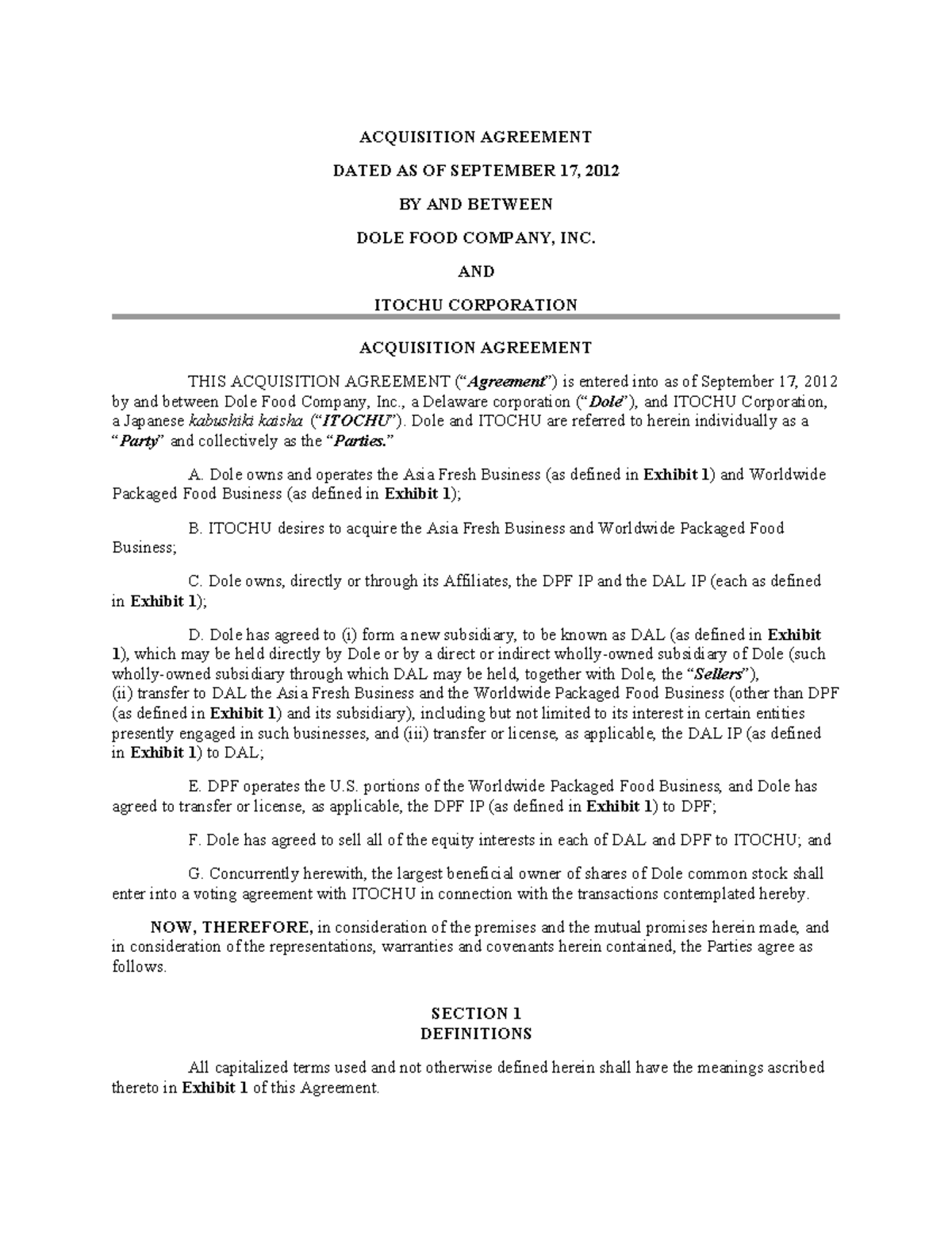 Acquisition Agreement - ACQUISITION AGREEMENT DATED AS OF SEPTEMBER 17 ...