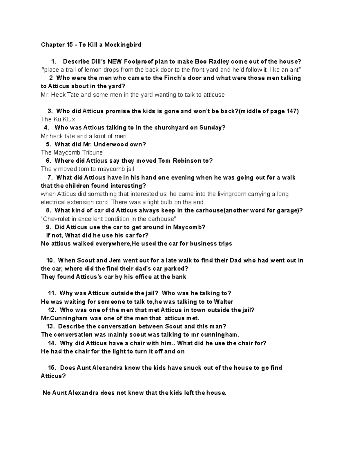 Chapter 15 To Kill A Mocking Bird Isaiah CODY - [Template] Chapter 15 Questions - To Kill a Mockingbird