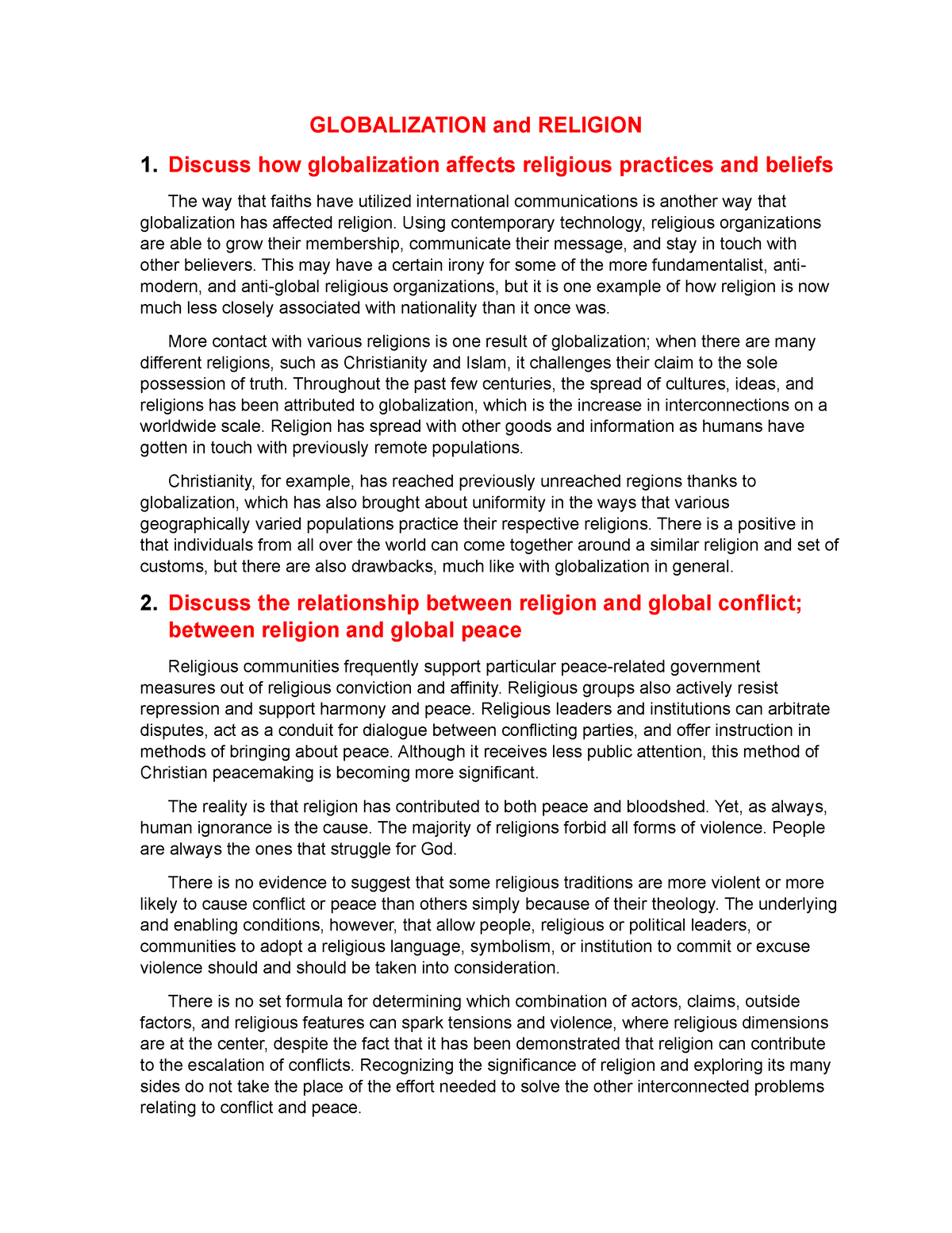 what is the impact of religion to globalization essay brainly