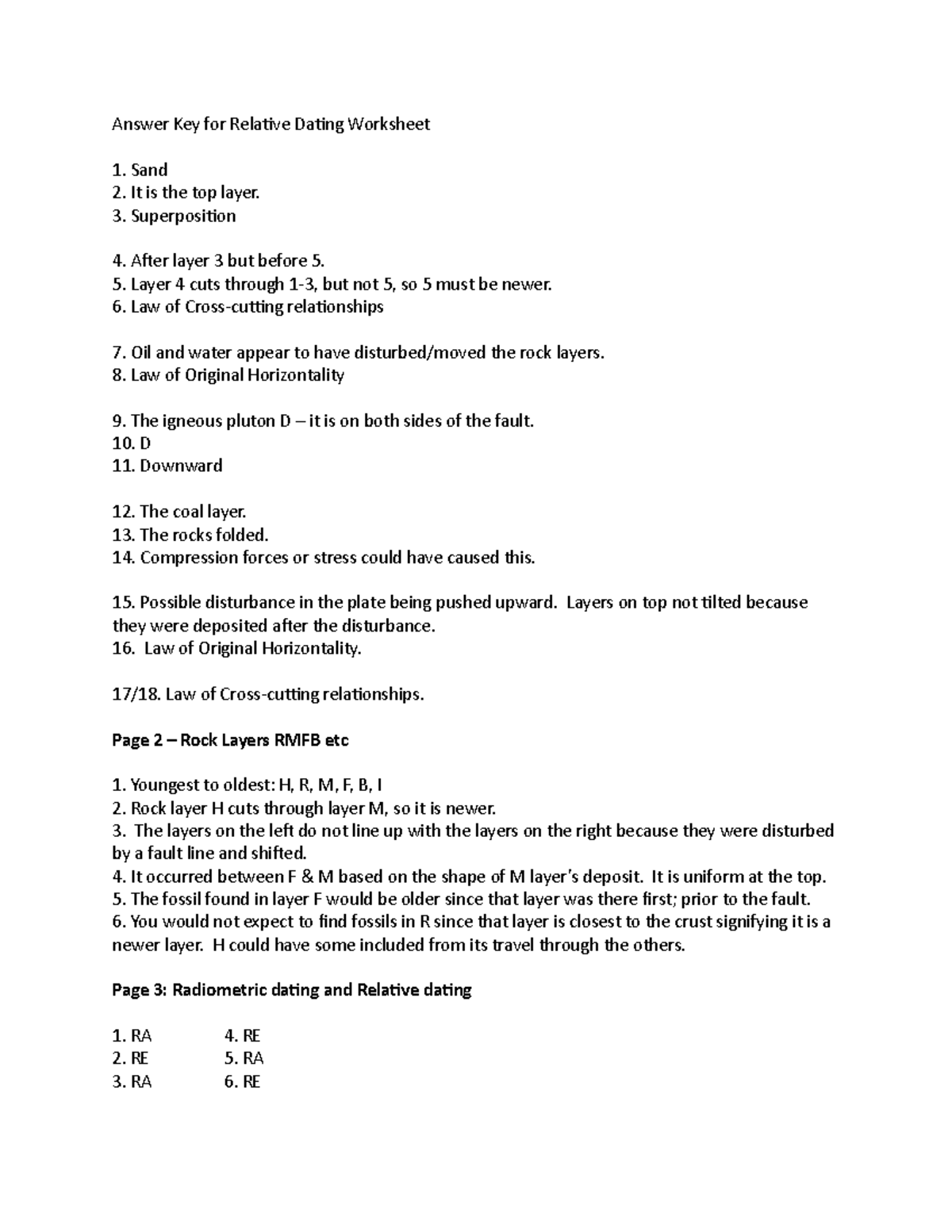 Answer Key for Relative Dating Worksheet - Answer Key for Relative