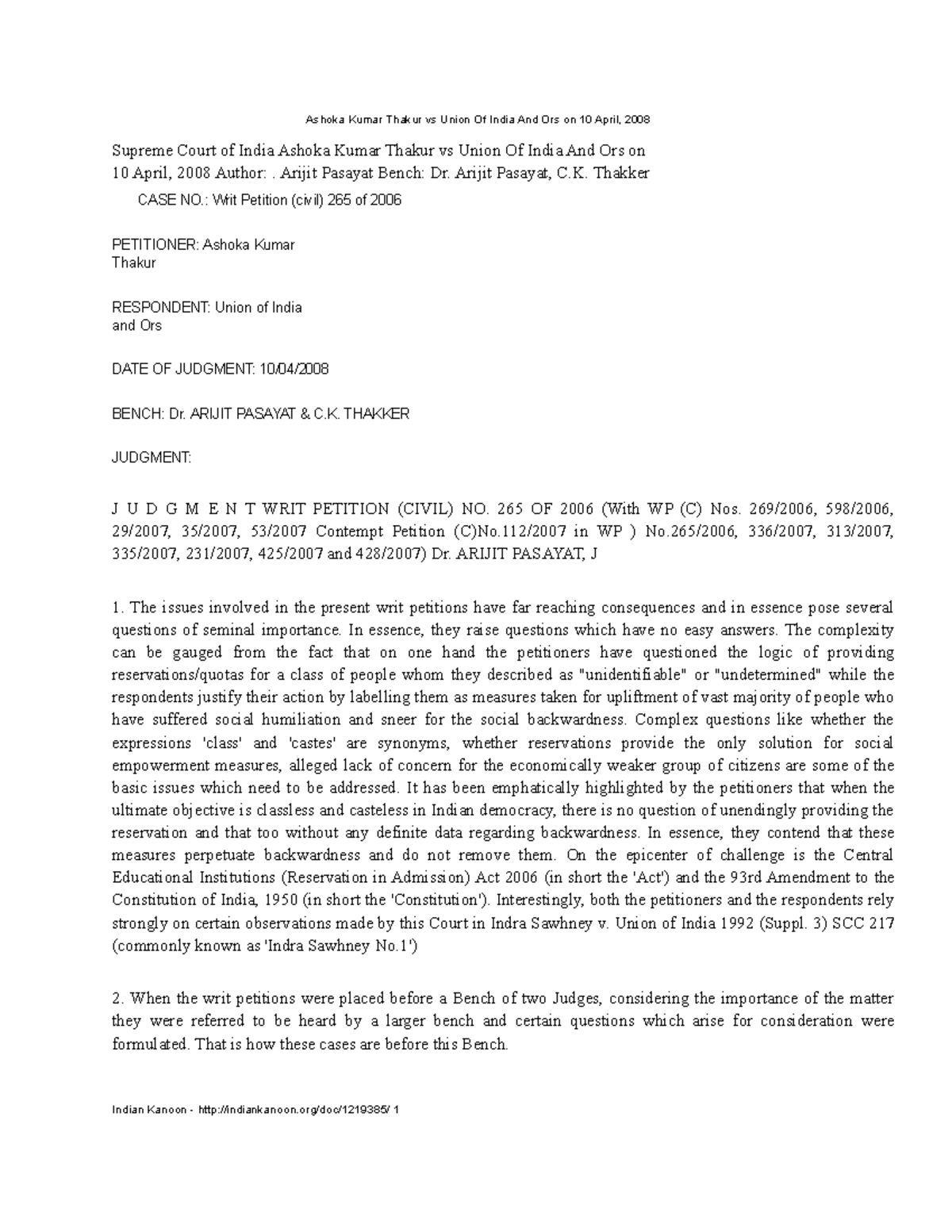 Reservation Caselaw 9 Ashoka Kumar Thakur vs Union Of India And Ors