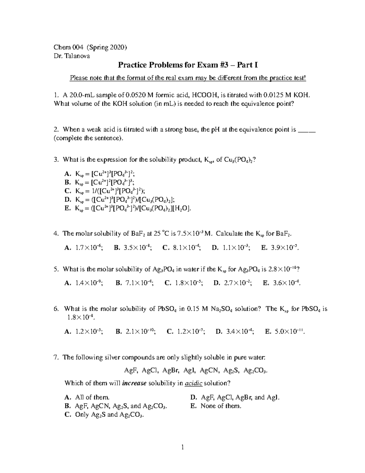 Practice test 3 (Part I) (Spring 2020) - Chem 004 (Spring 2020) Dr ...