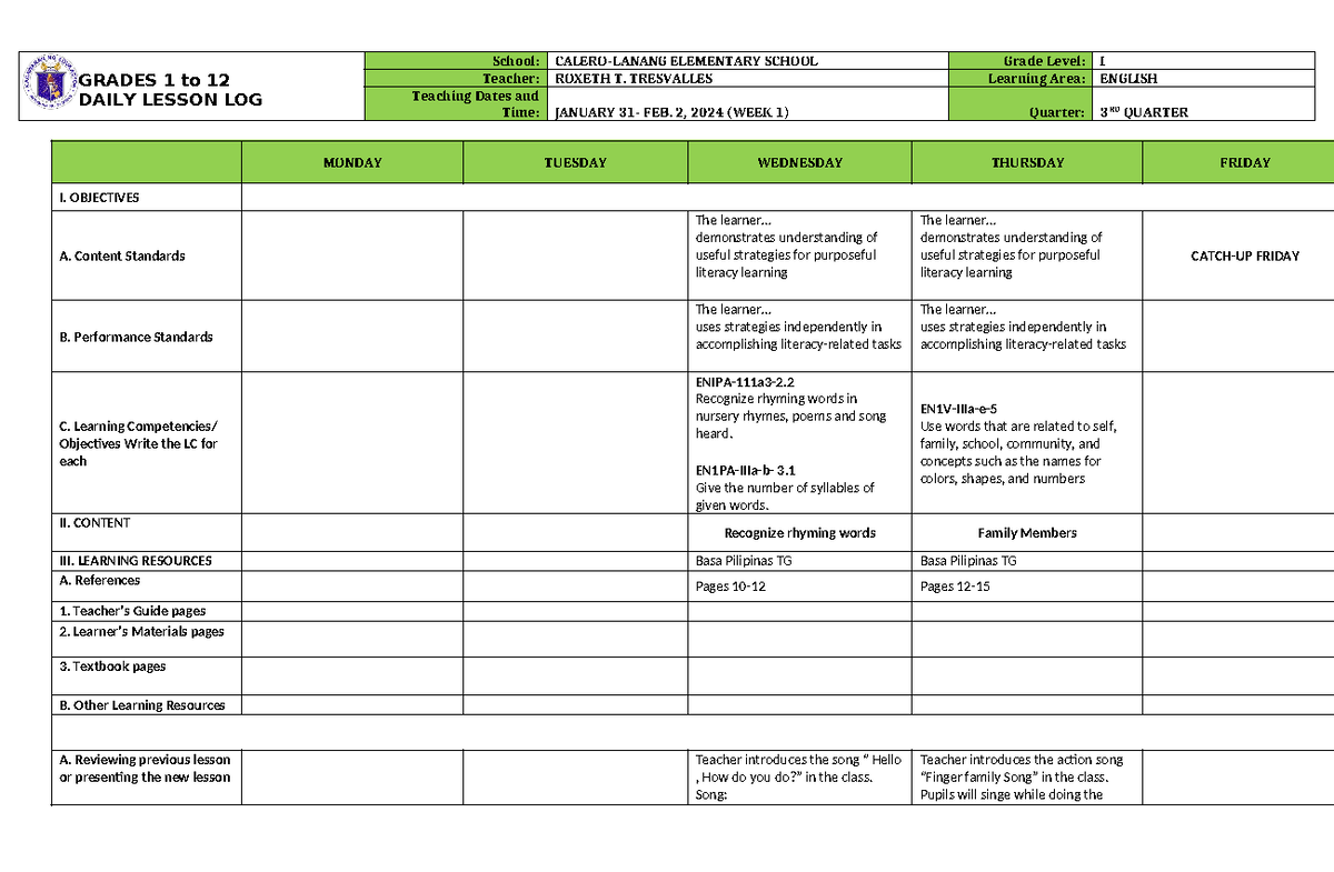 DLL English 1 Q3 W1 - DLL - GRADES 1 to 12 DAILY LESSON LOG School ...