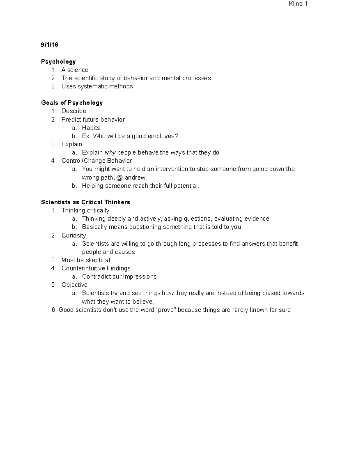 Chapter 1 Class - Lecture notes 1 - 9/1/ Psychology 1. A science 2. The ...