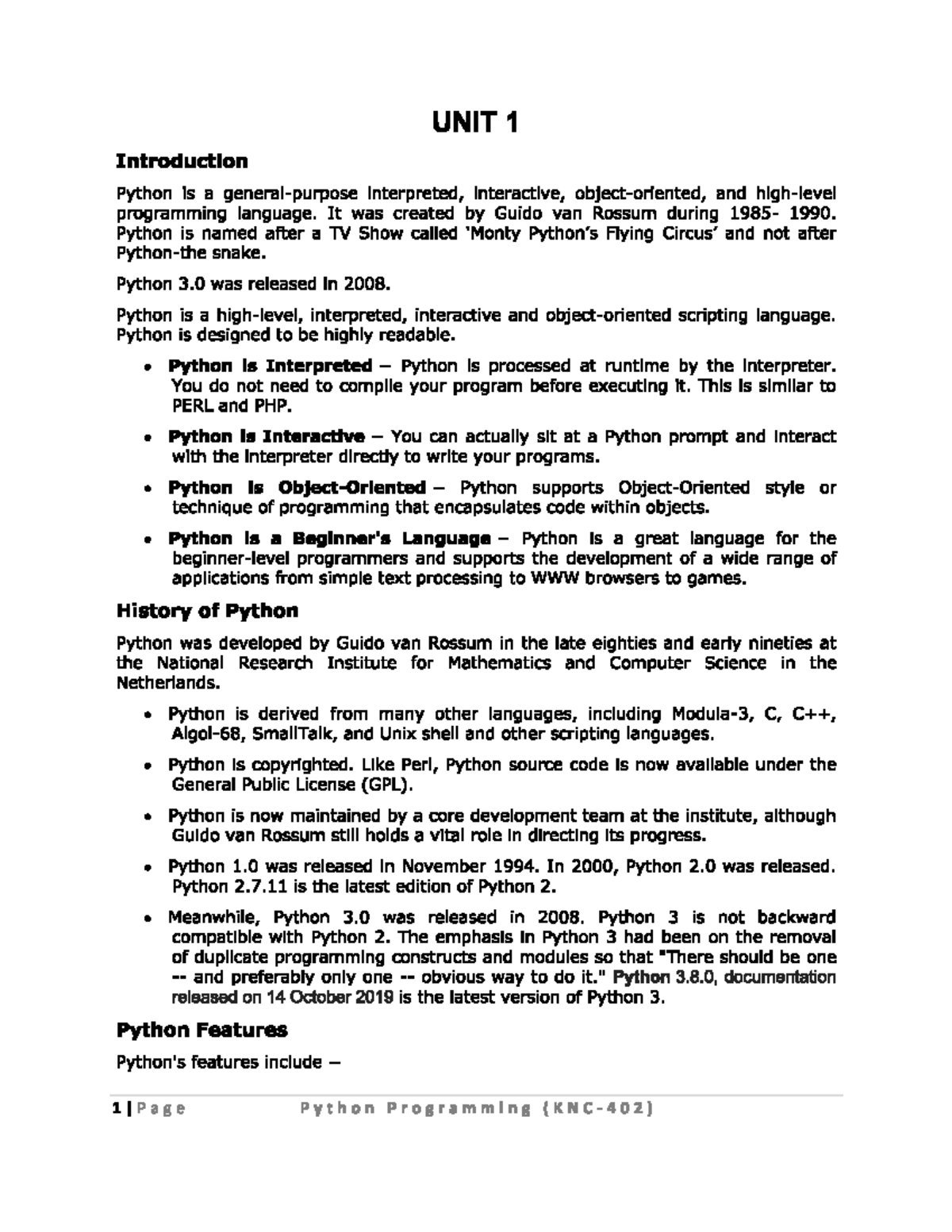 Python notes - UNIT 1 Introduction Python is a interpreted, interactive ...
