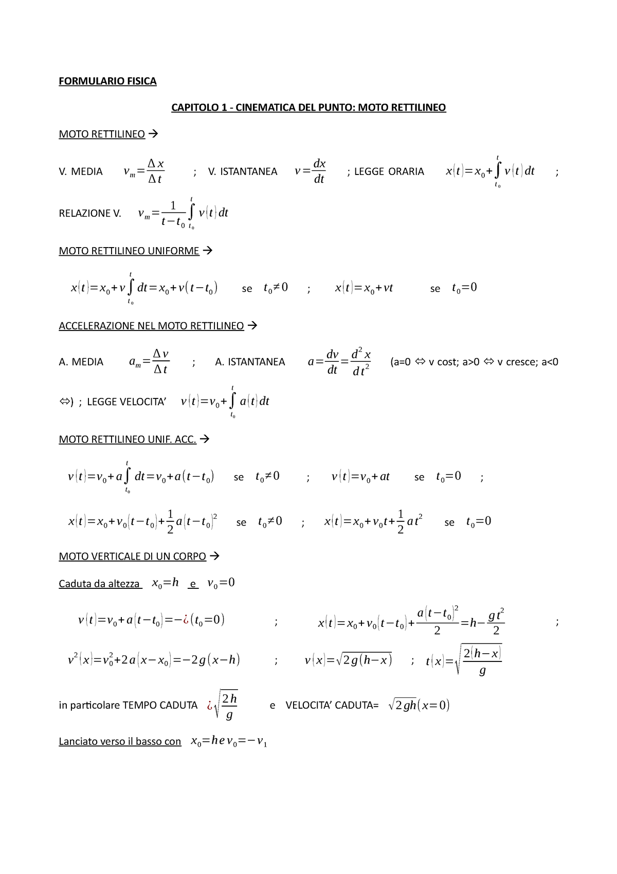 Formulario Fisica Formule Formulario Fisica Capitolo 1 Cinematica Del Punto Moto 3624