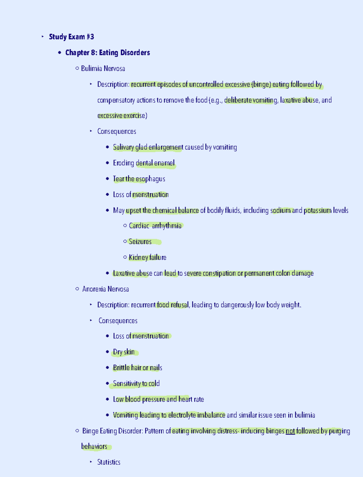 Final exam notes - ‣ Study Exam # - Chapter 8: Eating Disorders Bulimia ...