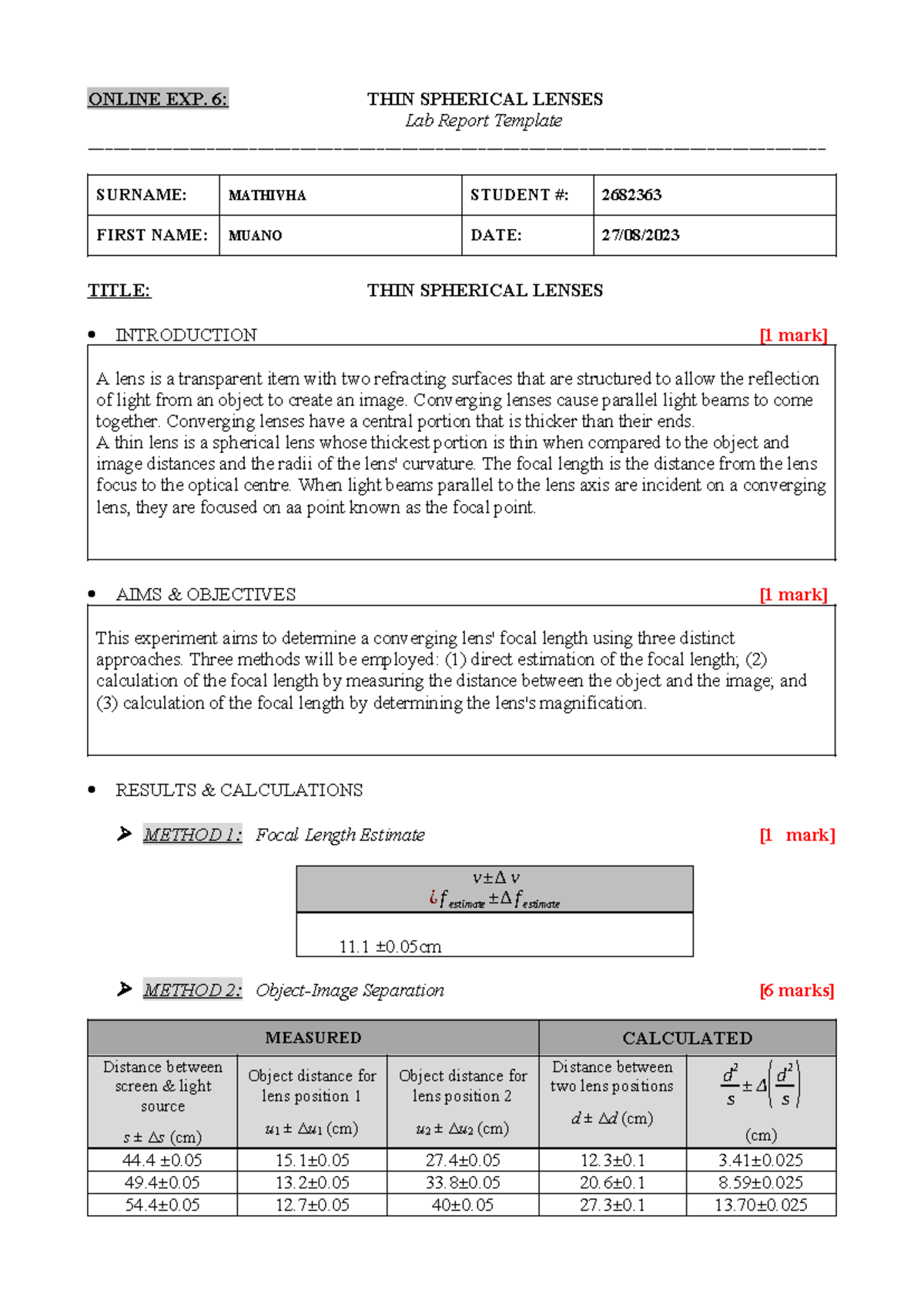 Exp06 Thin Lens Lab Report Template ONLINE EXP. 6 THIN SPHERICAL LENSES Lab Report