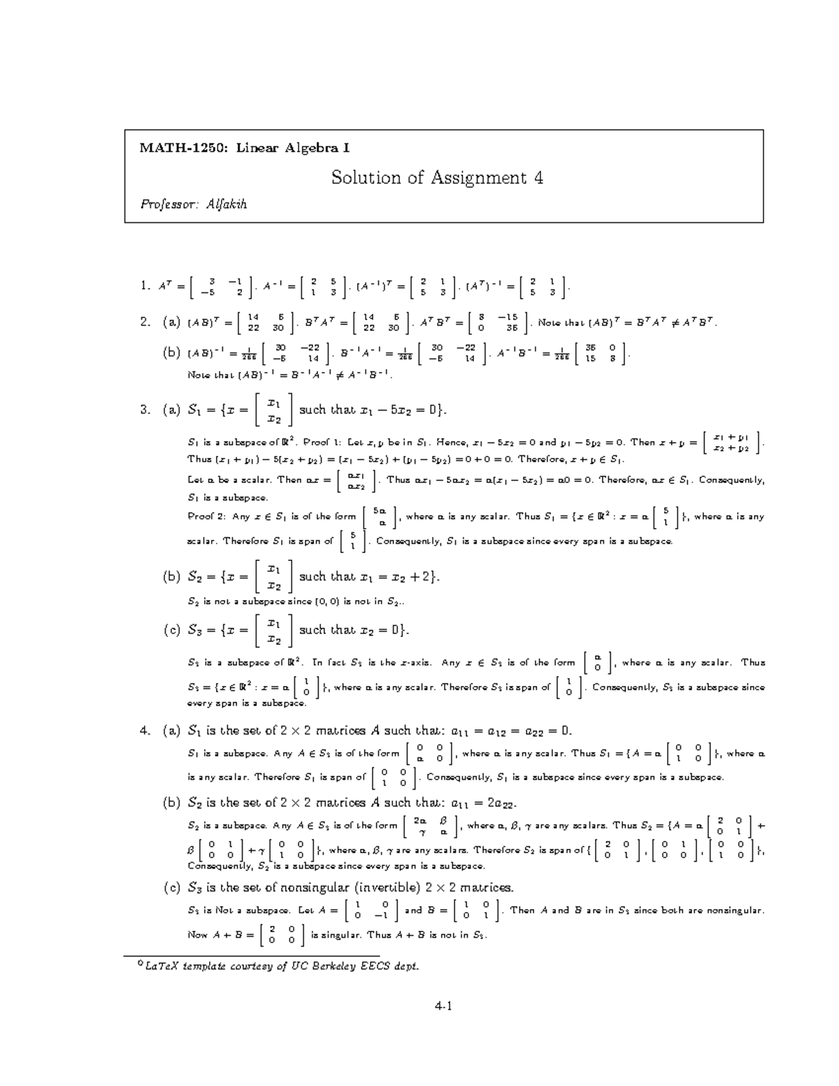 Shw4 1250 Math 1250 Linear Algebra I Solution Of Assignment 4 Professor Alfakih 1 At