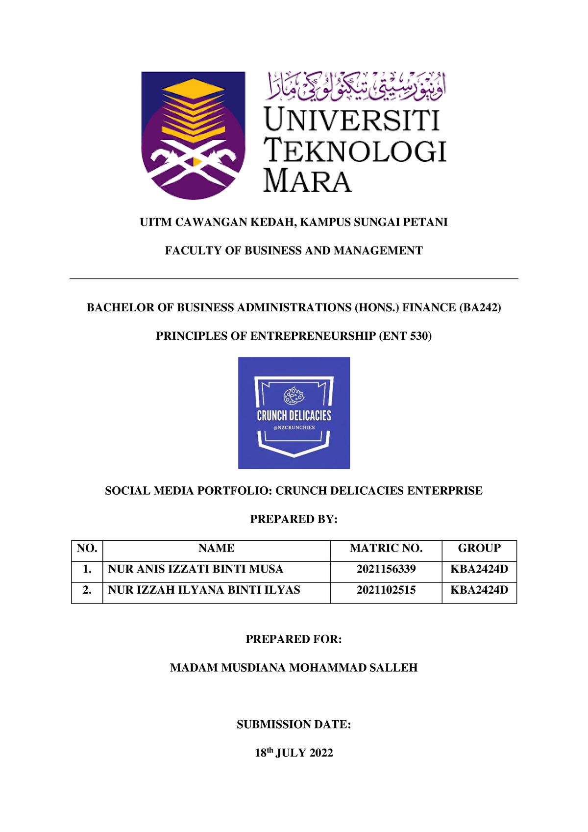 Sample Social Media Crunch Delicacies Enterprise - UITM CAWANGAN KEDAH ...