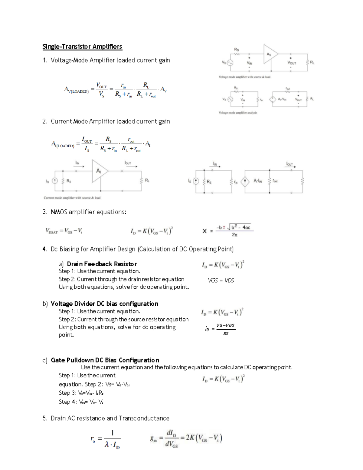 Cheat Sheet Formula Sheet Final SingleTransistor Amplifiers 1. VoltageMode Amplifier loaded