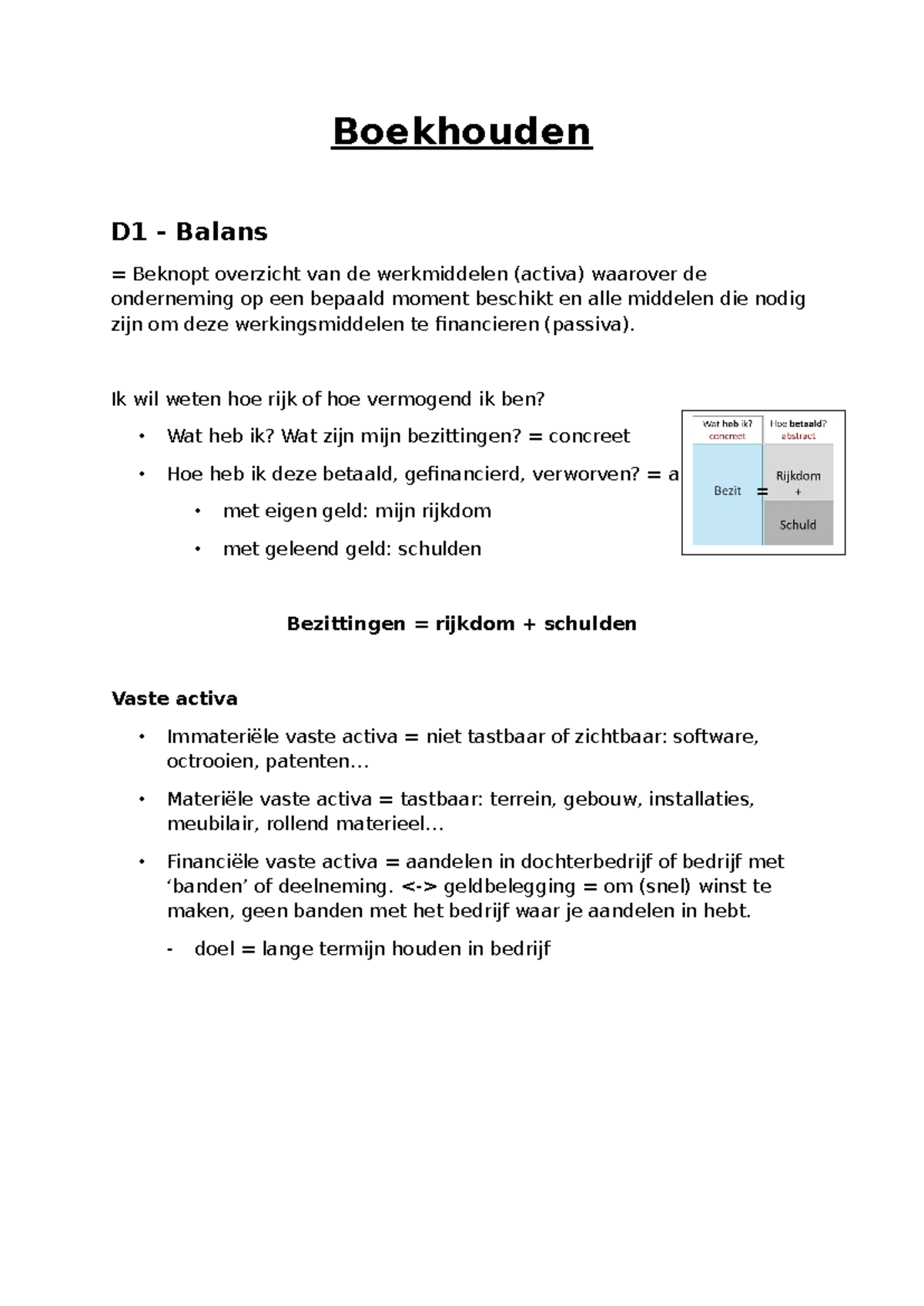 Boekhouden Samenvatting - Boekhouden D1 - Balans = Beknopt Overzicht ...