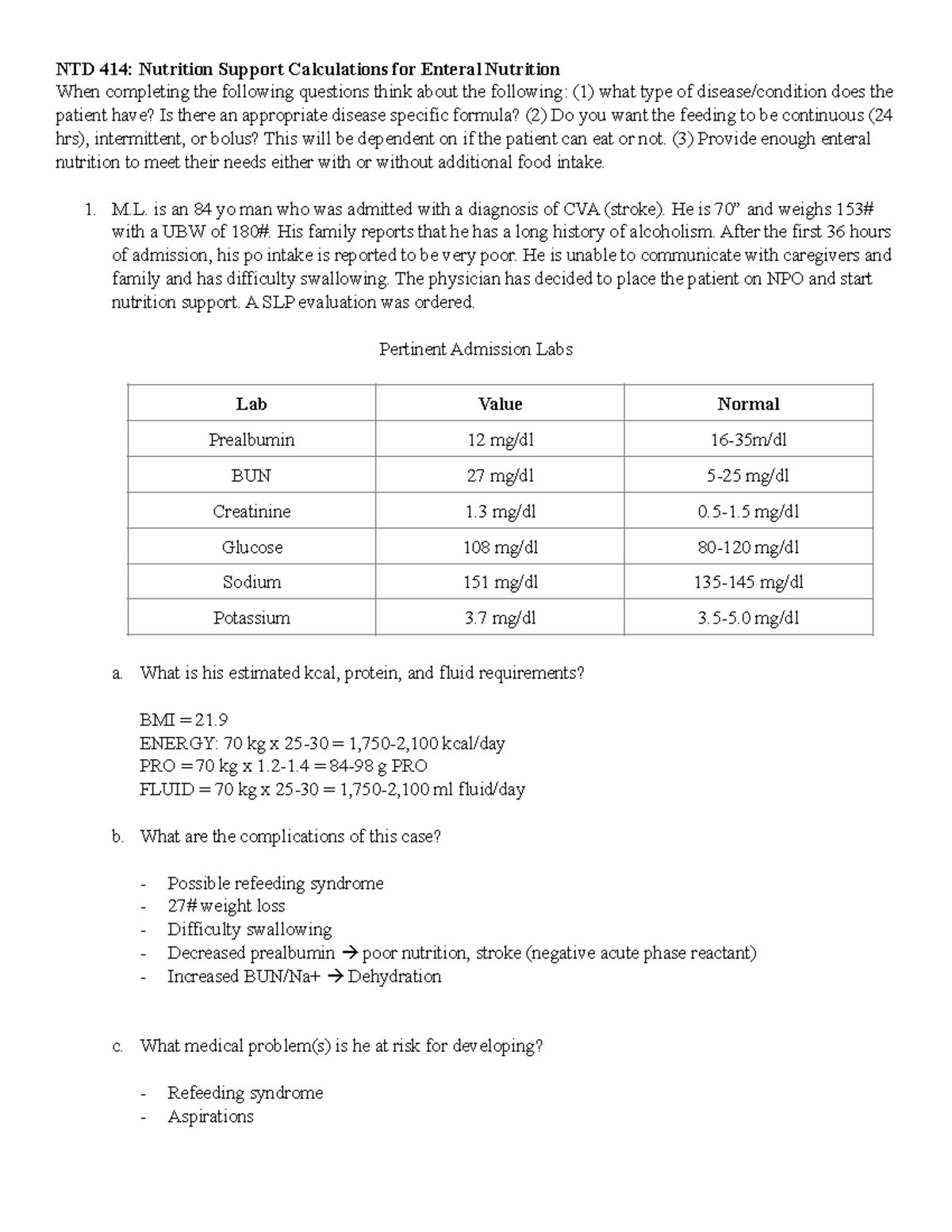 NTD 414 Enteral Cases dr. Sullivan NTD 414 Nutrition Support