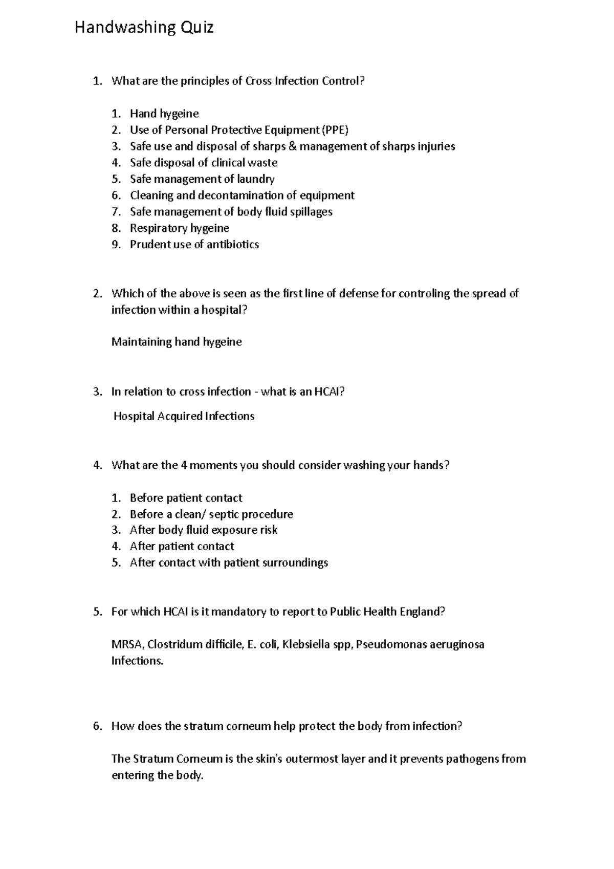 Handwashing Quiz- Pre-placement Activities - Handwashing Quiz What Are 