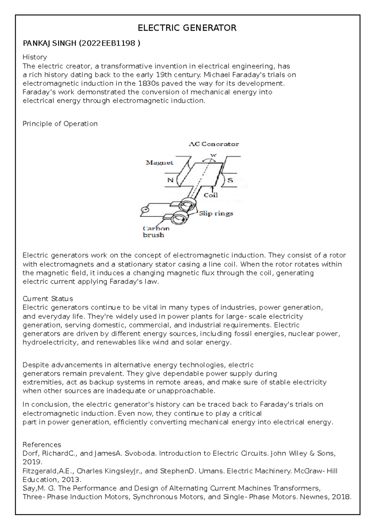 Electric Generator notes ELECTRIC GENERATOR PANKAJ SINGH