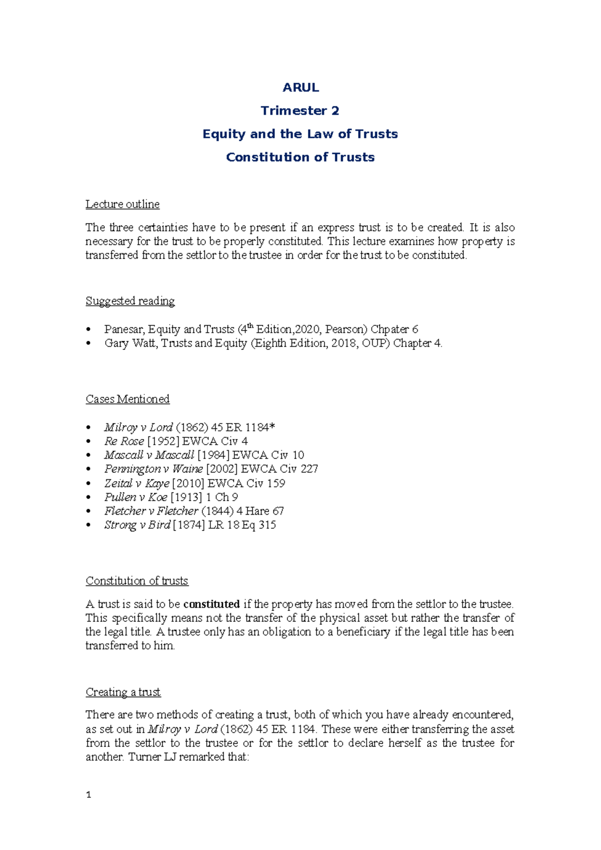 Lecture notes on constitution of trusts - ARUL Trimester 2 Equity and ...