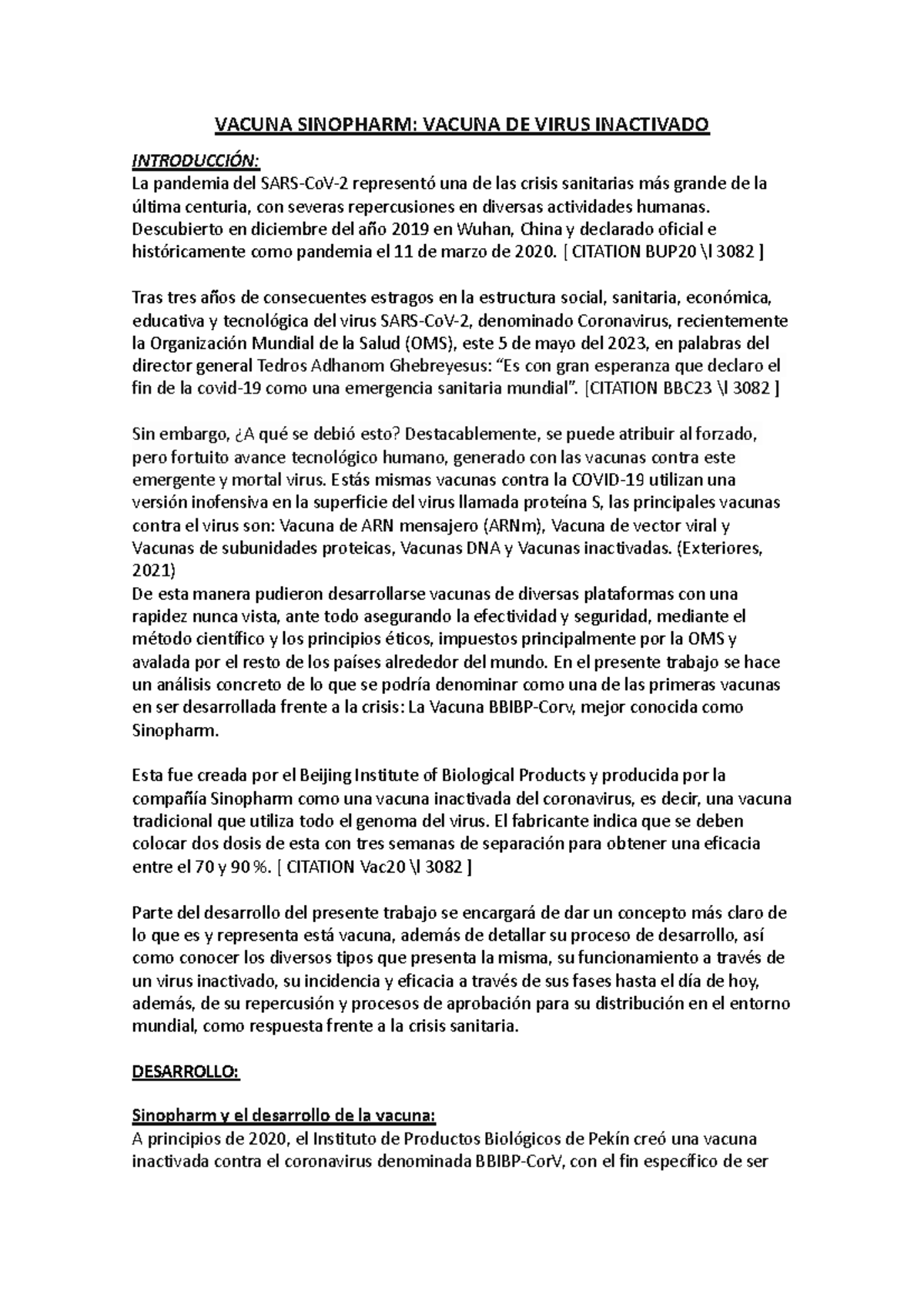 Informe_Vacuna Sinopharm - VACUNA SINOPHARM: VACUNA DE VIRUS INACTIVADO ...
