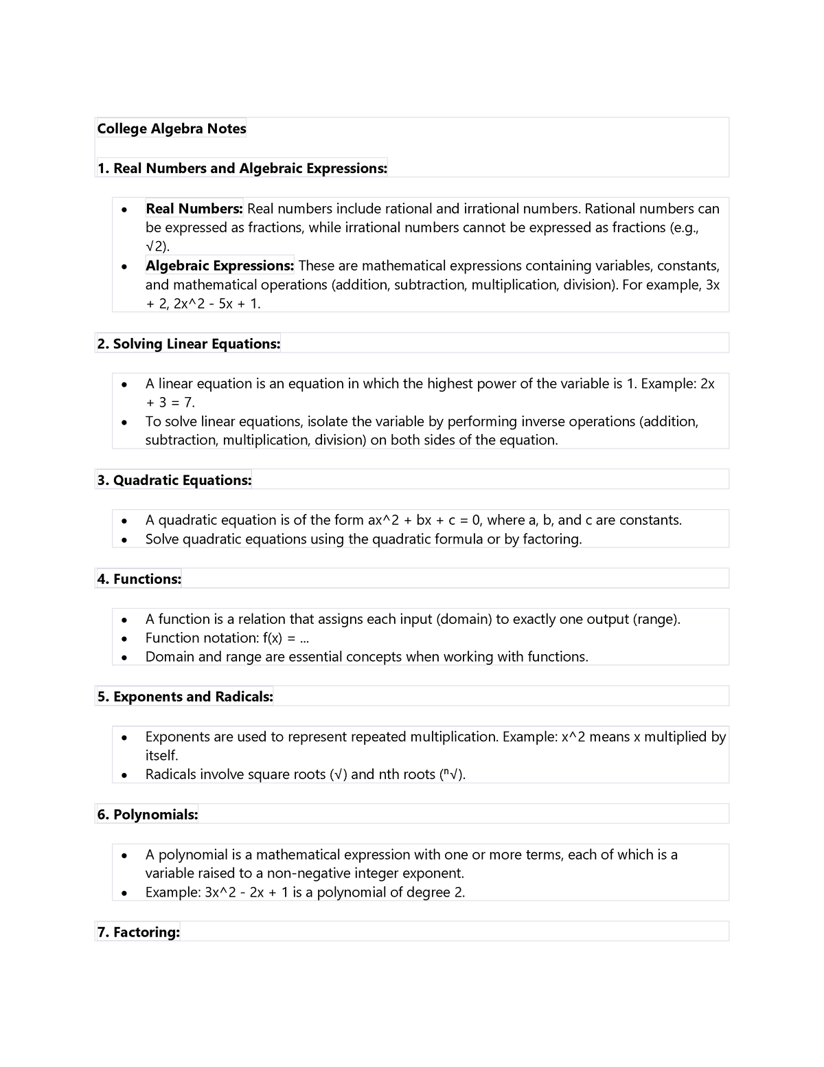 Notes algebra - College Algebra Notes 1. Real Numbers and Algebraic ...