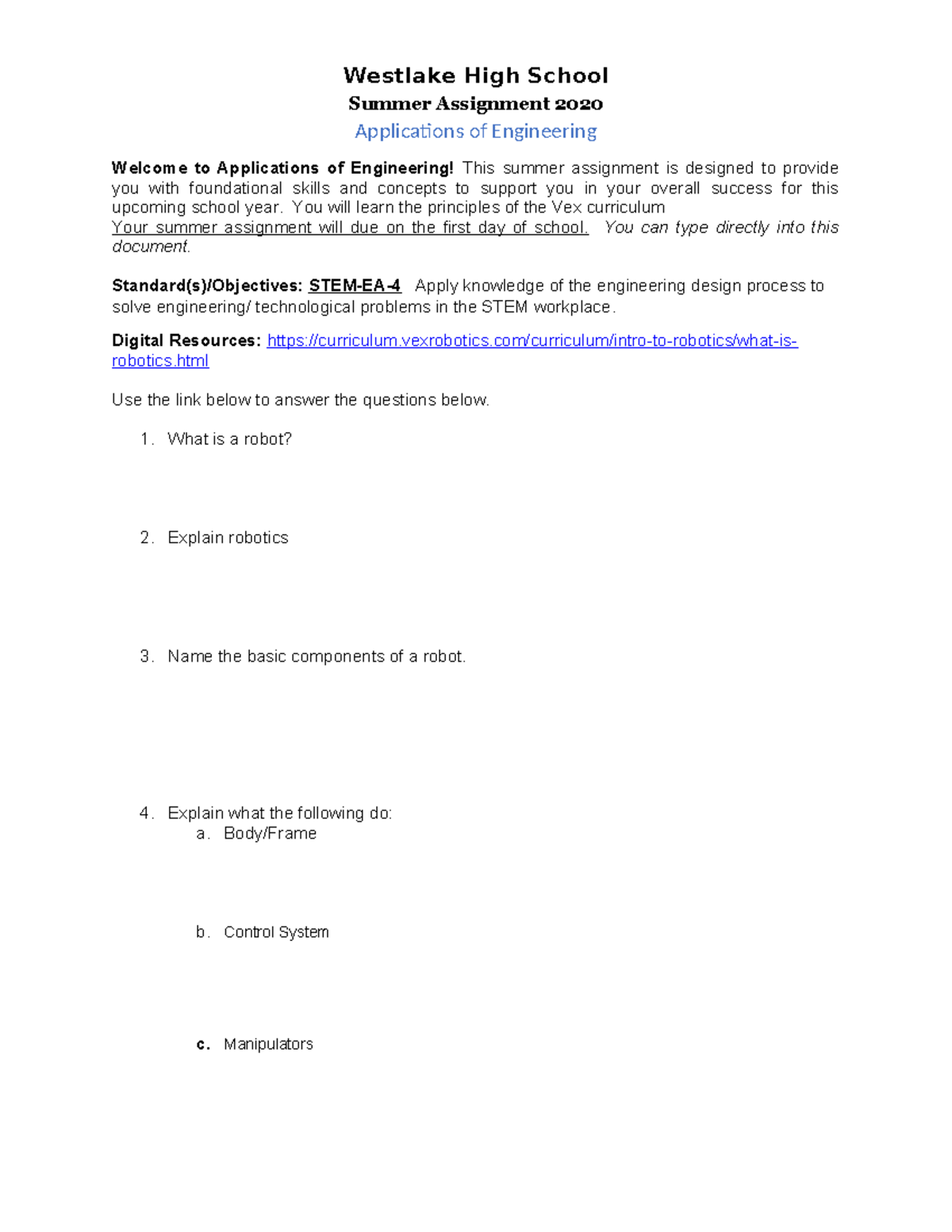 Applications of Engineering Summer Assignment 2020 - Westlake High ...