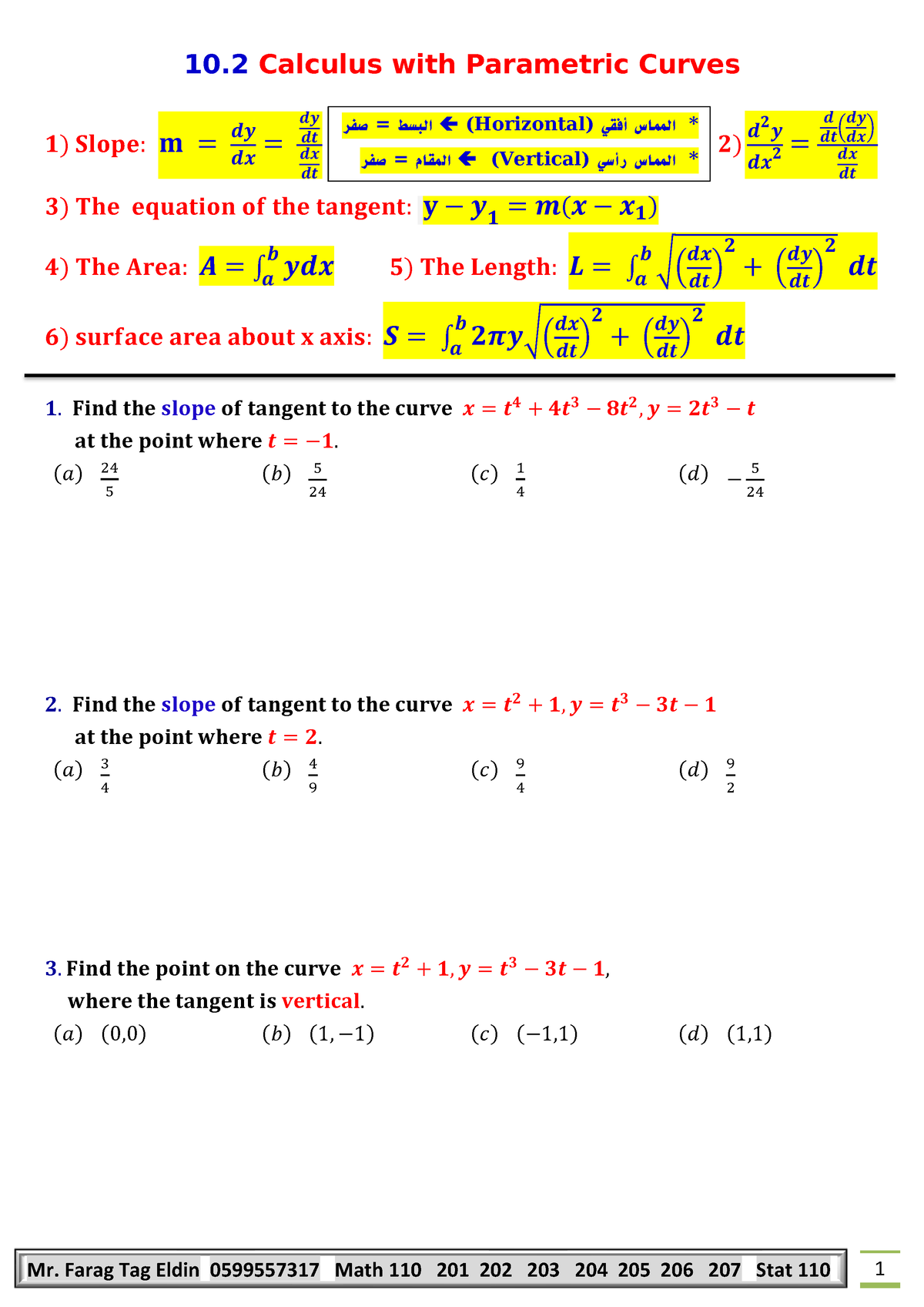 10.2 Calculus With Parametric Curves - 10 Calculus With Parametric ...