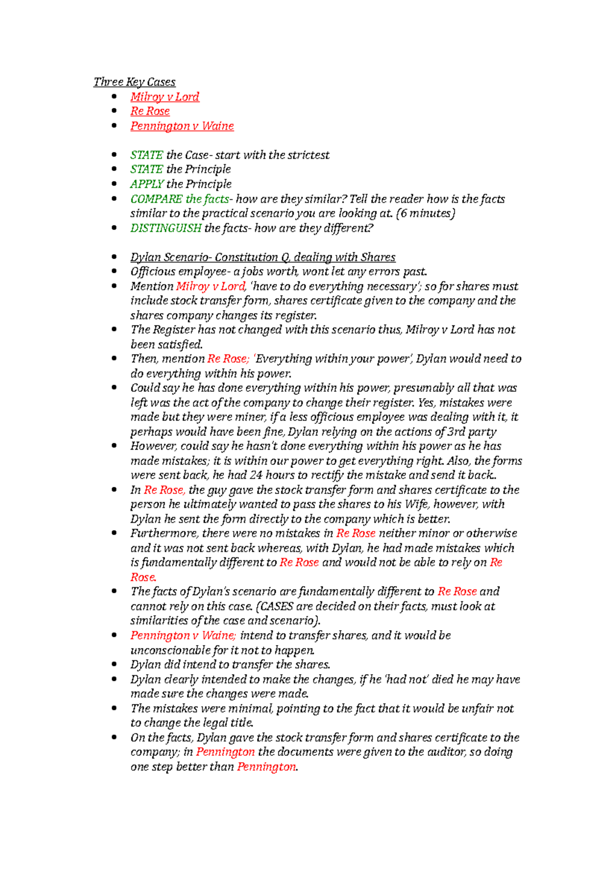 Application of Law to Scenarios Three Key Cases Milroy v Lord Re Rose