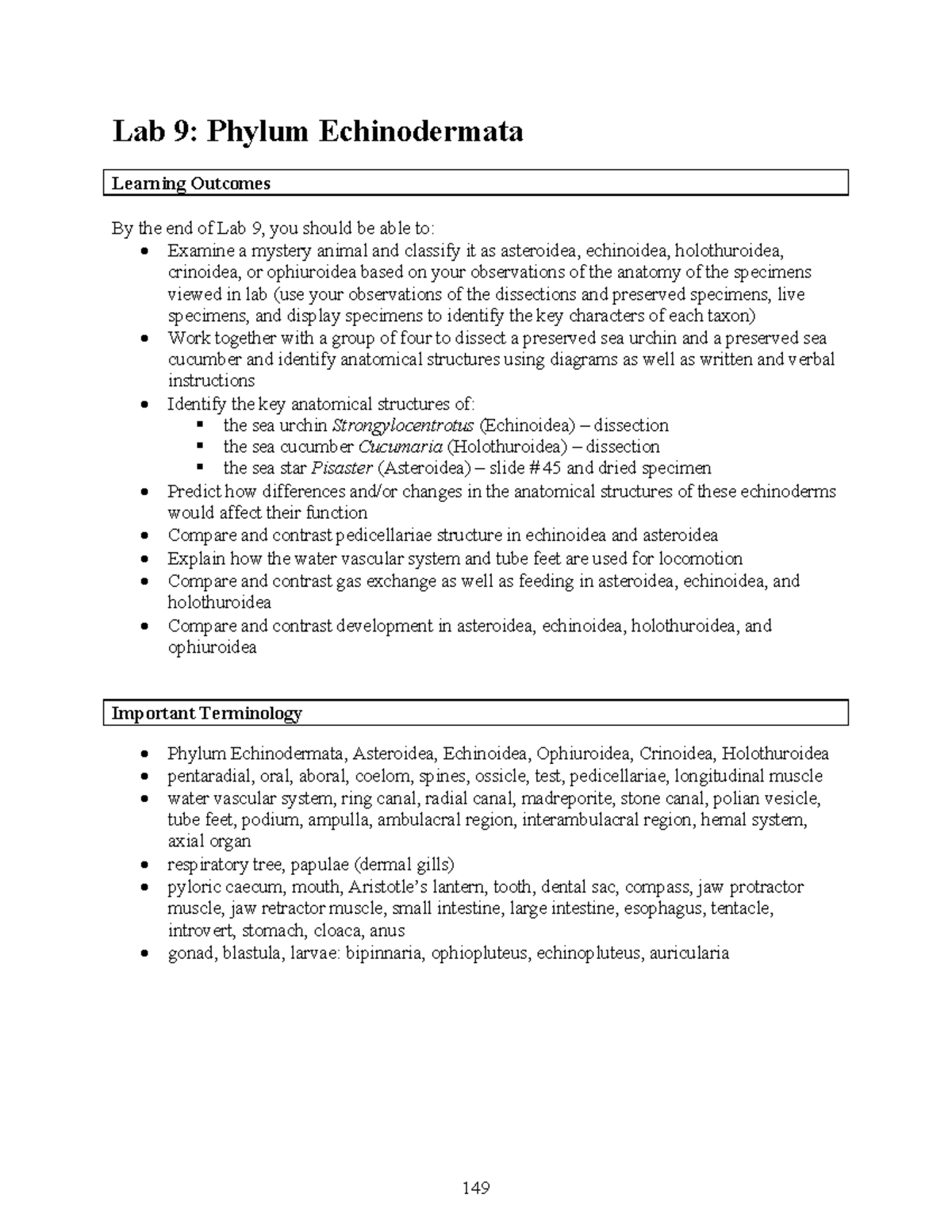 BIOL 205 Lab Manual 2022 Lab 9 Echinodermata - Lab 9: Phylum ...