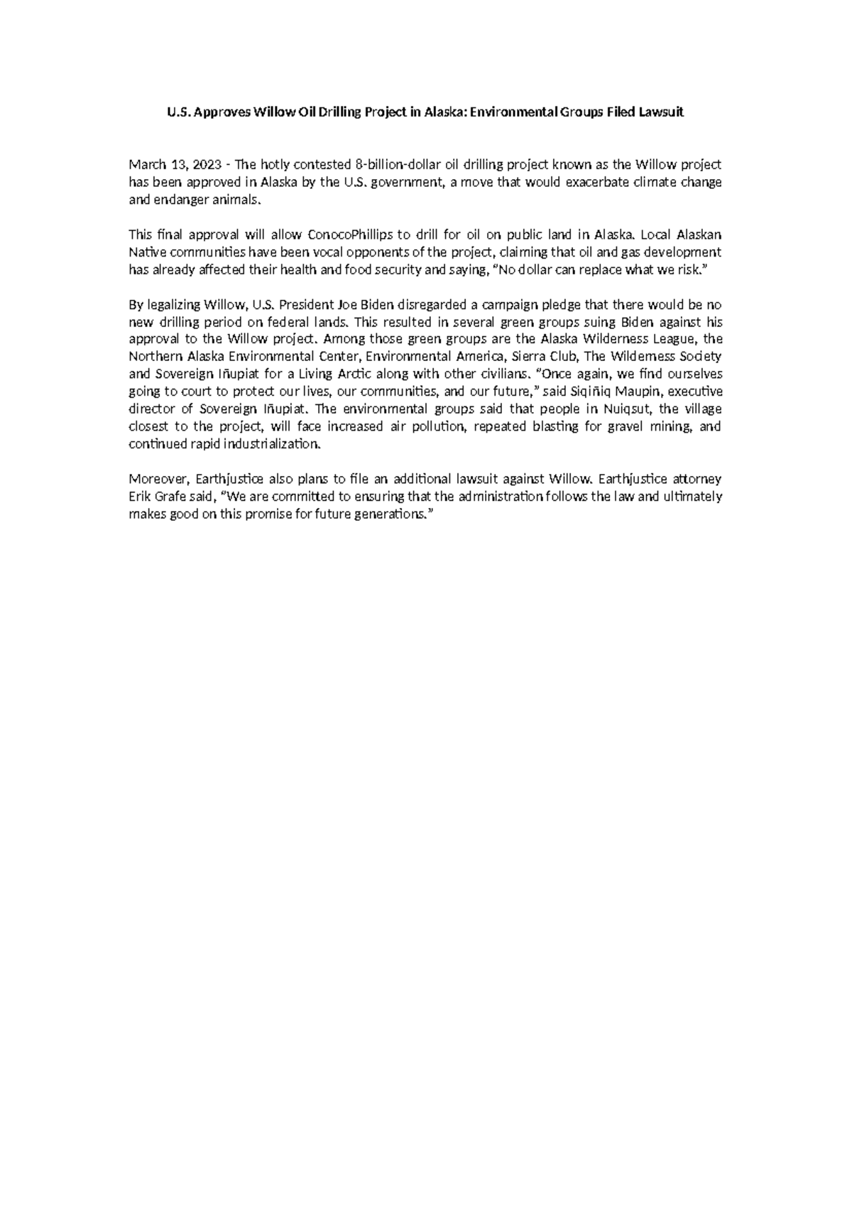 News International no.1 (Willow project) U. Approves Willow Oil