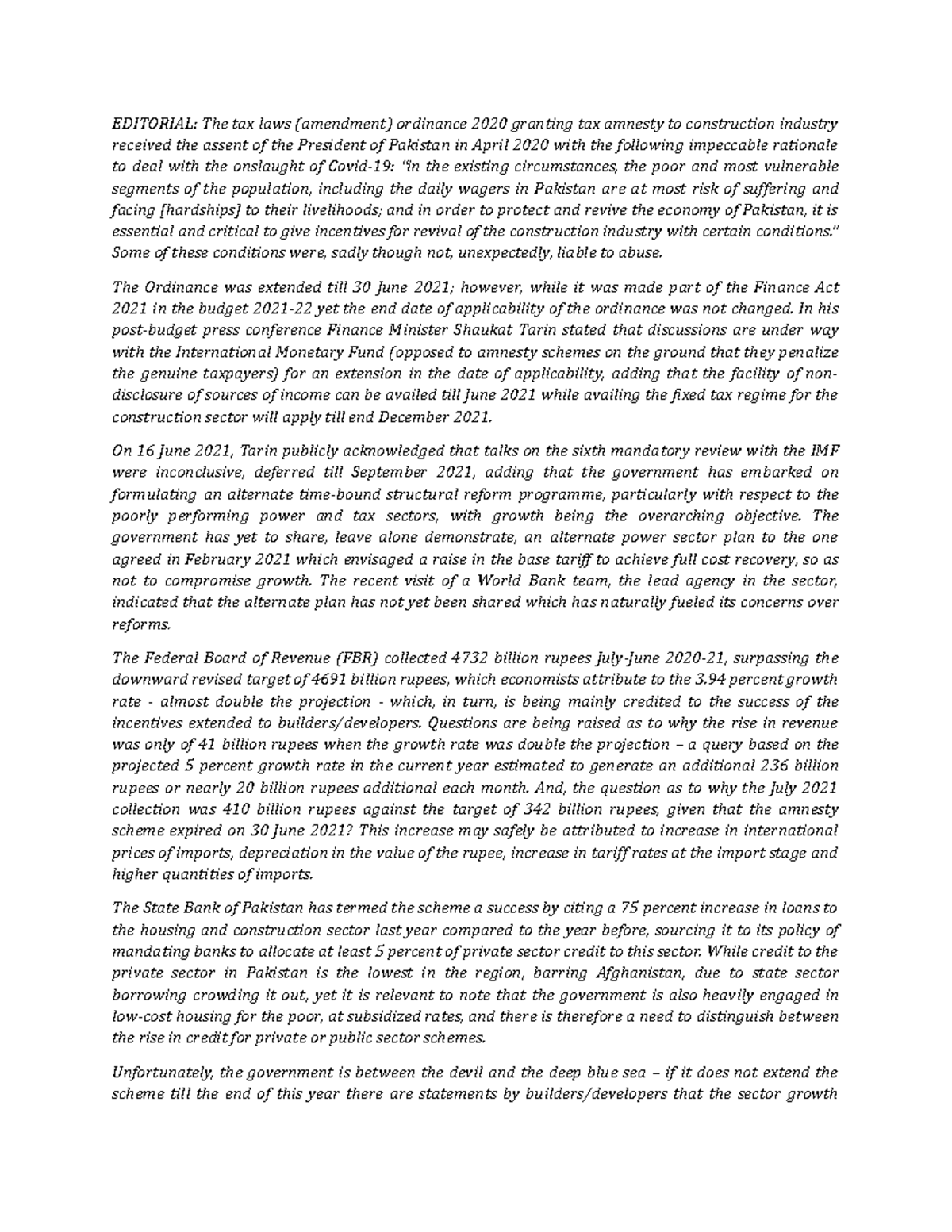 Amnesty1 Impact of tax amnesty, laws and regulations related to tax