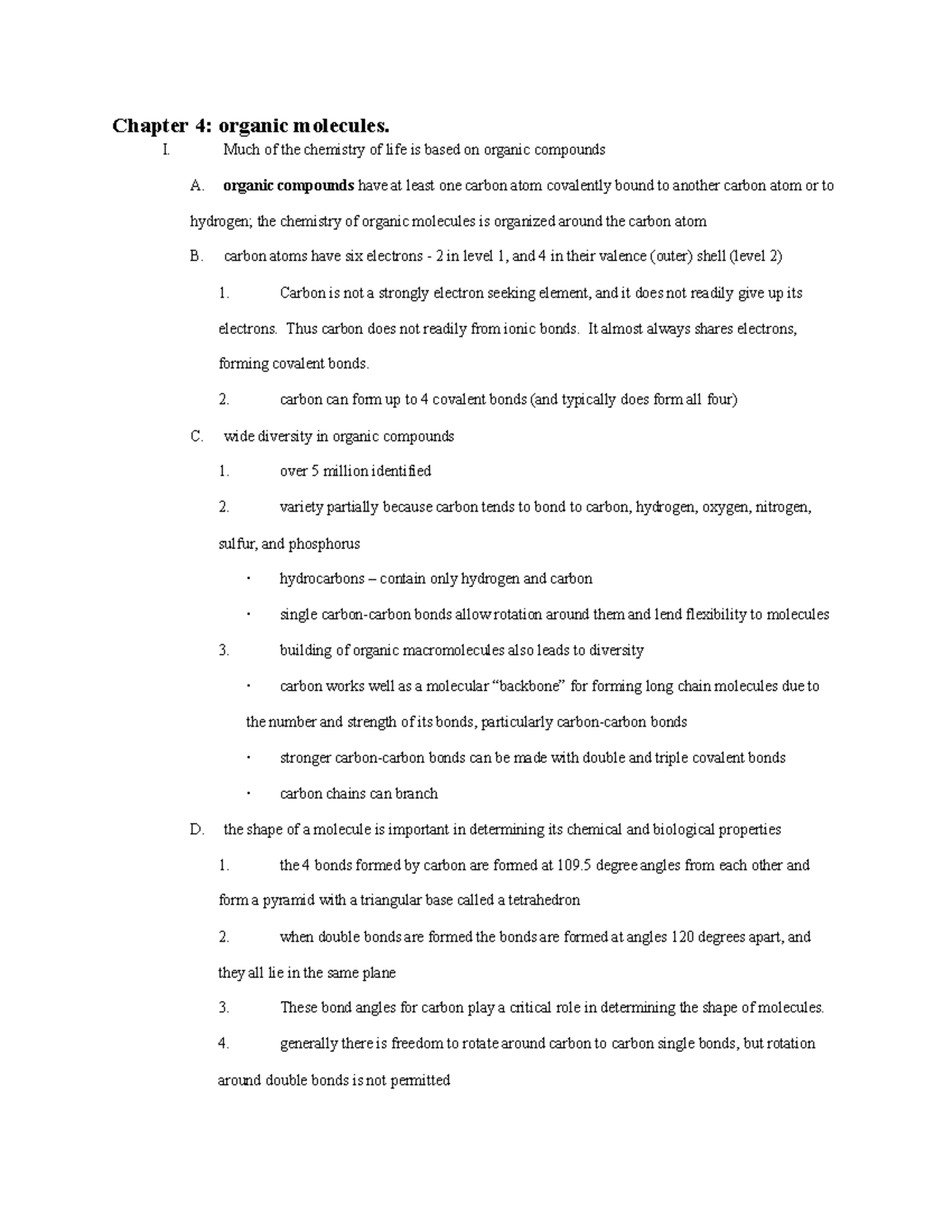 Biology- chapter 4 molecules - Chapter 4: organic molecules. I. Much of ...