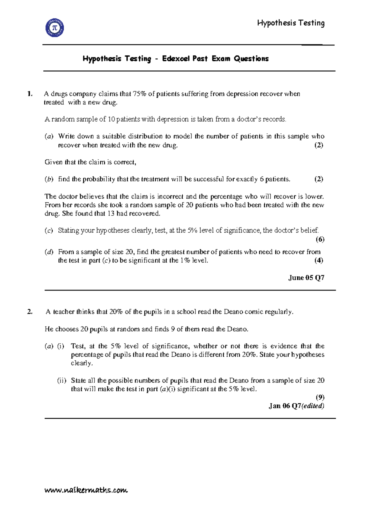 hypothesis testing exam questions edexcel