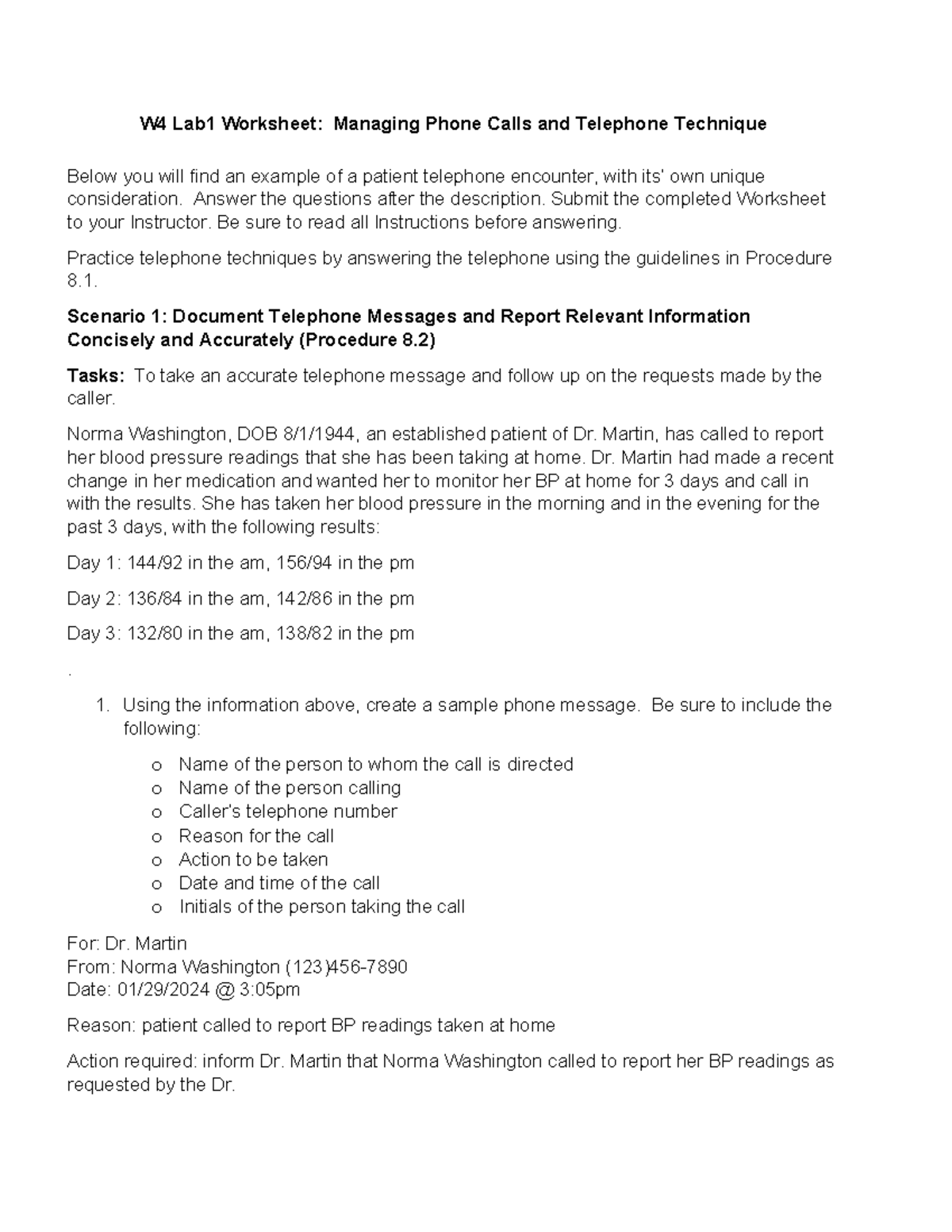 MOA110 W4 Lab - W4 Lab1 Worksheet: Managing Phone Calls And Telephone ...