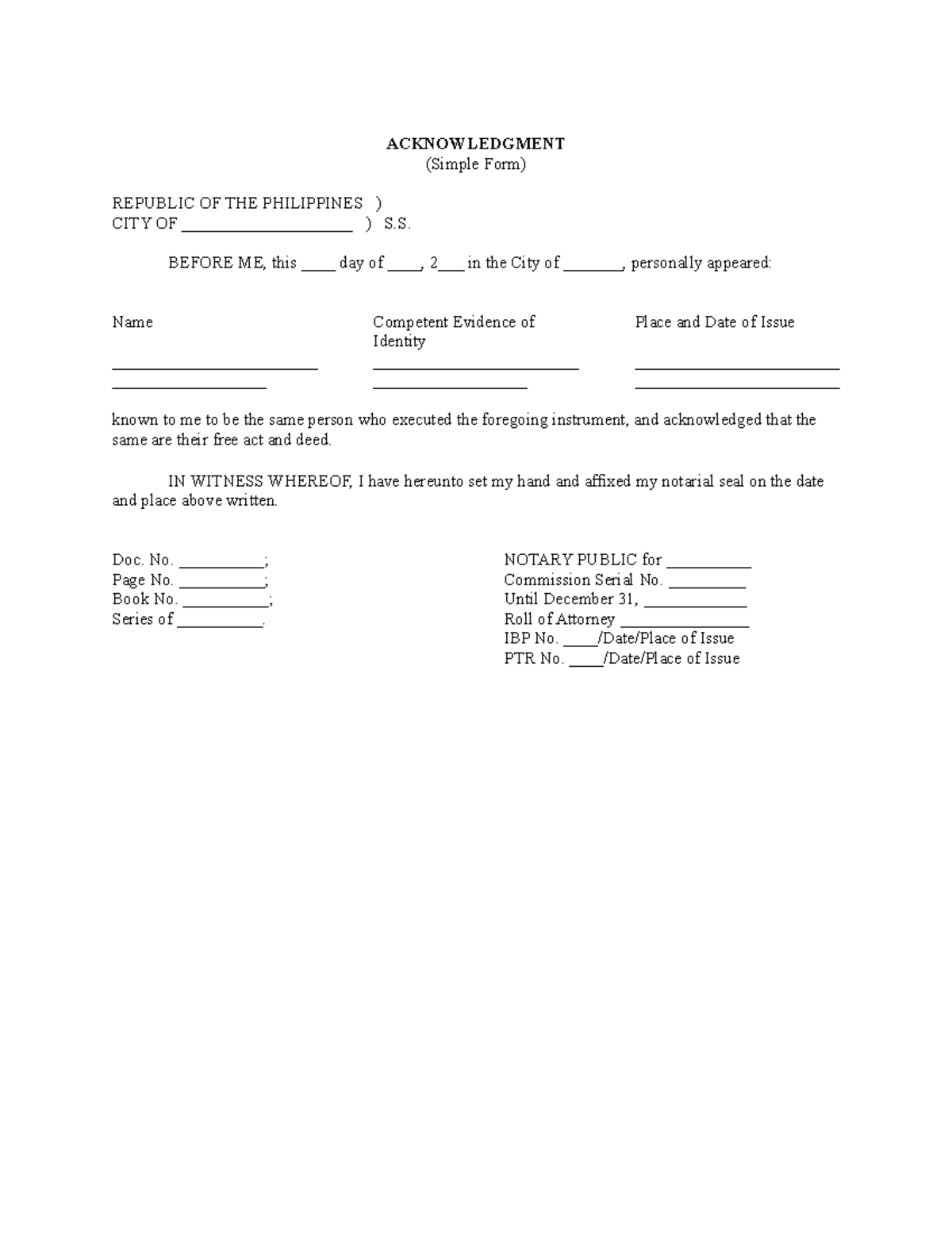 Acknowledgment Sample Acknowledgement Form Acknowledgment Simple Form Republic Of The 1097