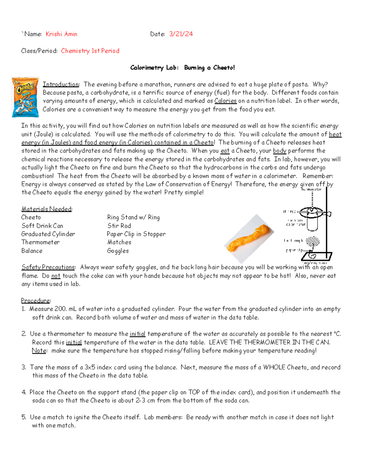 Krishi Amin's Calorimetry Lab Burning a Cheeto `Name Krishi Amin