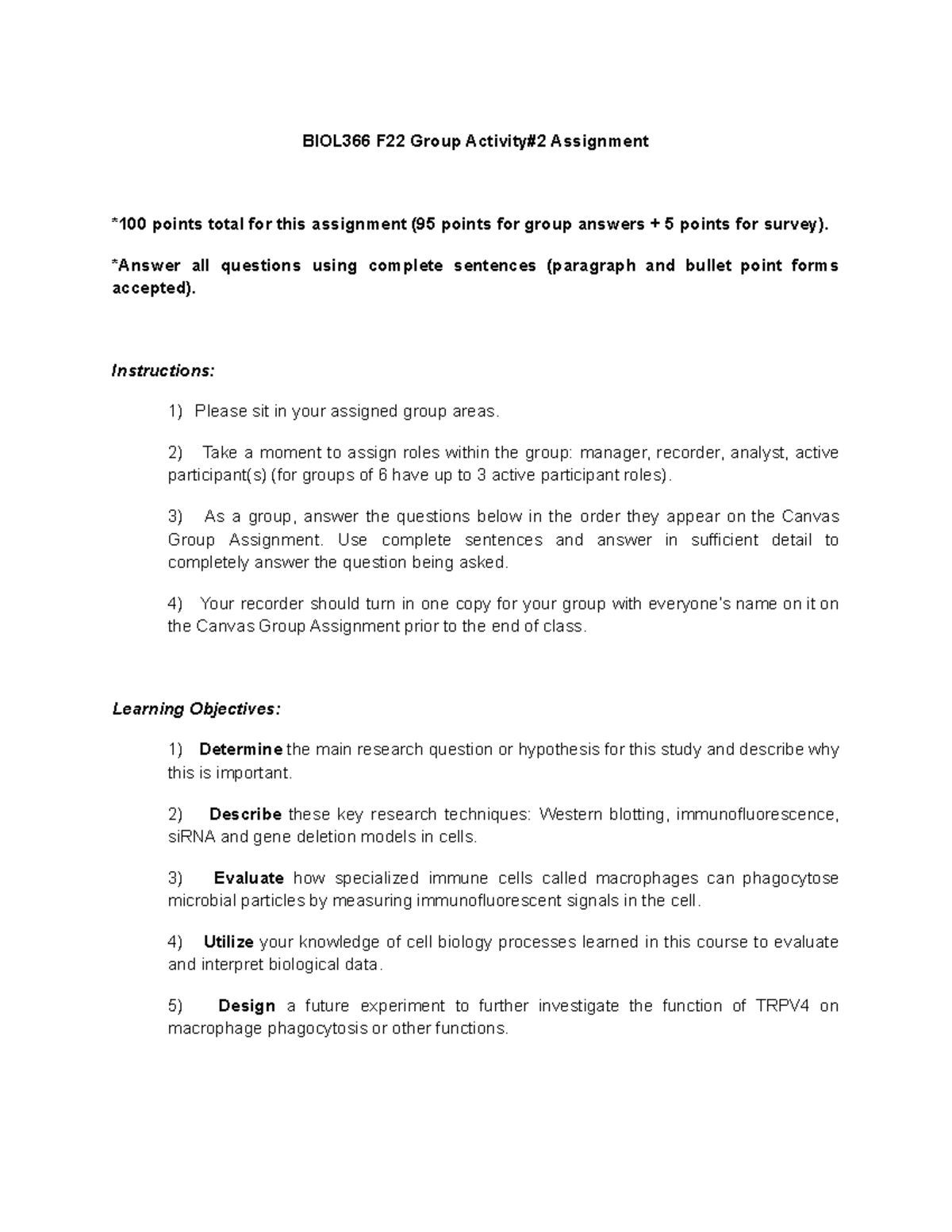 Group Activity #2 Assignment - BIOL366 F22 Group Activity#2 Assignment ...