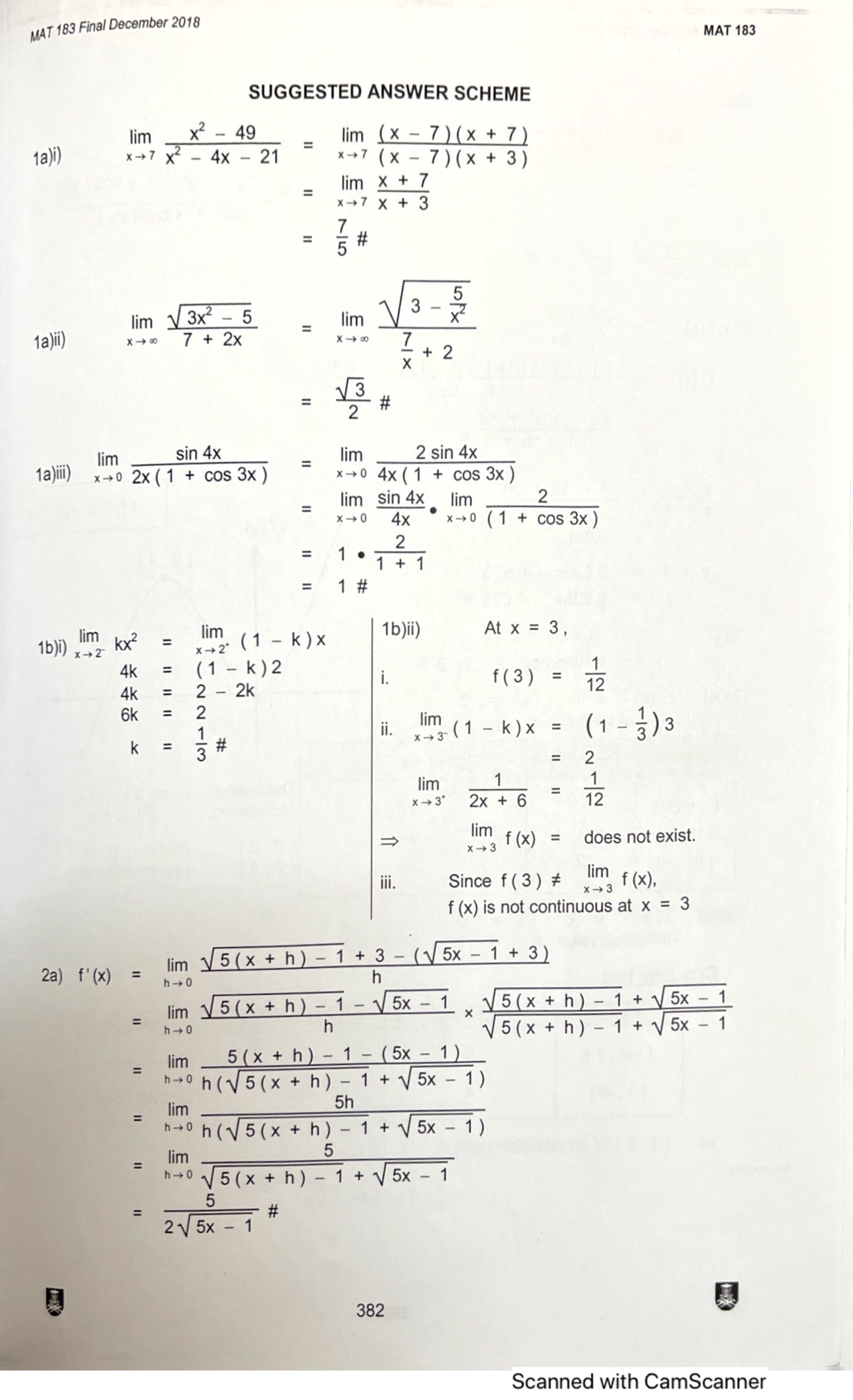 MAT183 Answer Dec 2018 - Calculus 1 - Studocu