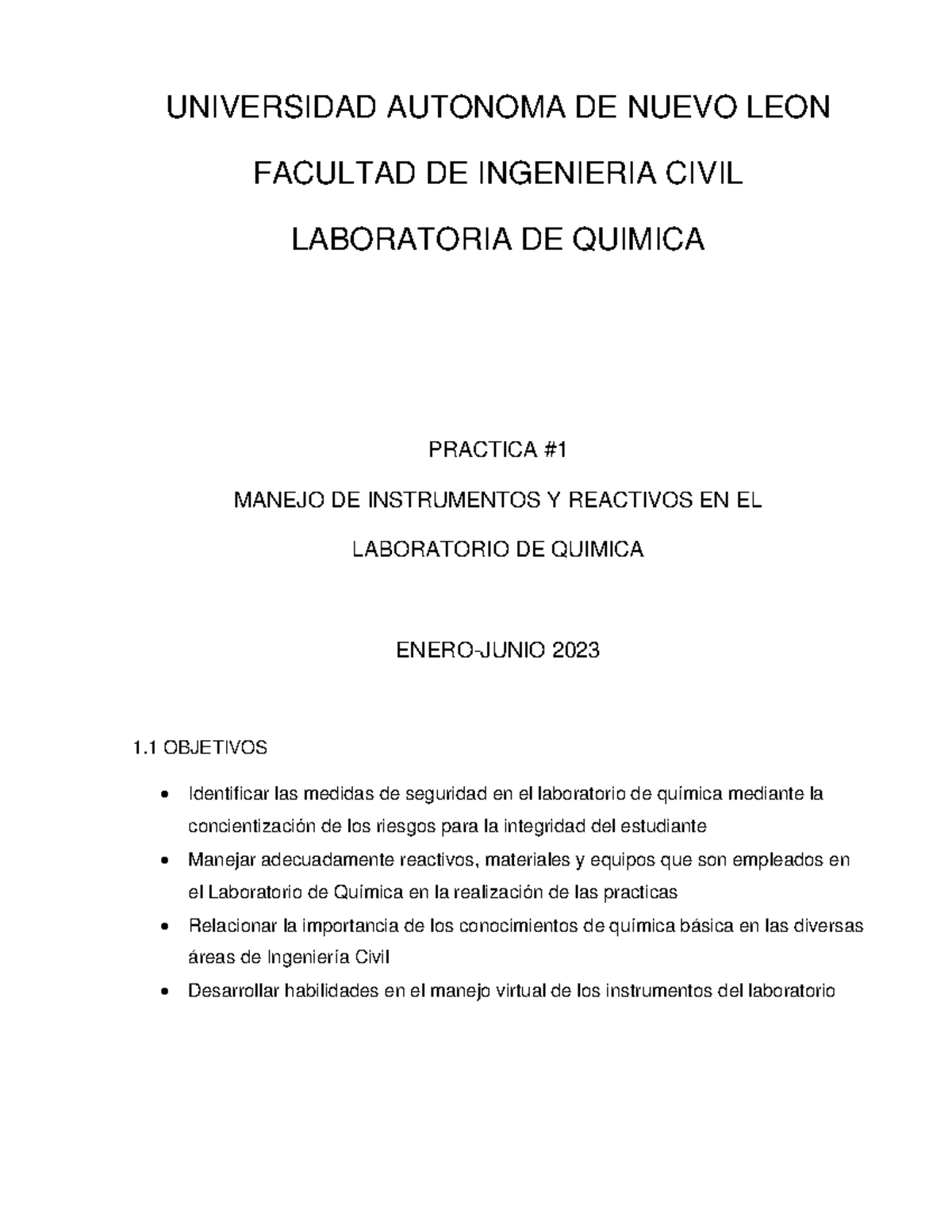 Lab 1 quimica - lab de quimca - UNIVERSIDAD AUTONOMA DE NUEVO LEON ...