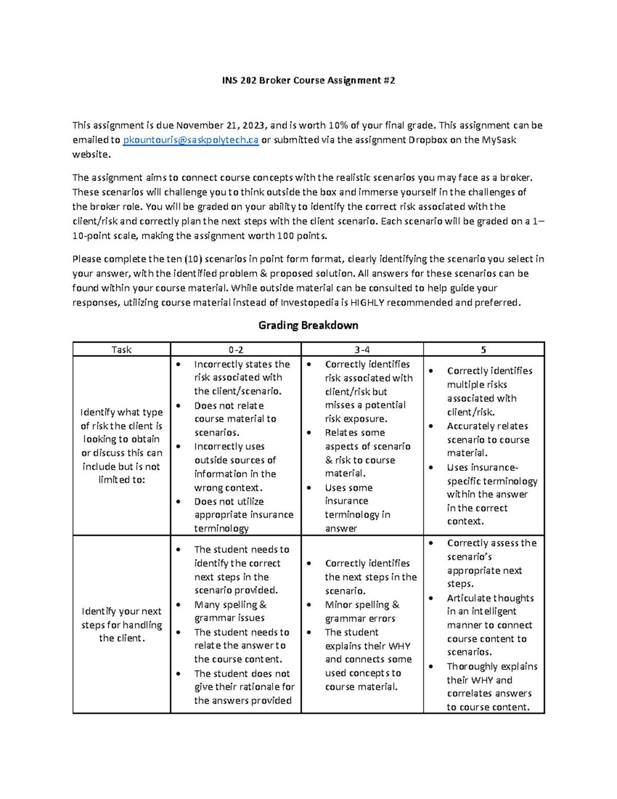 INS202 F23 Broker Course Assignment #2 - INS 202 Broker Course ...