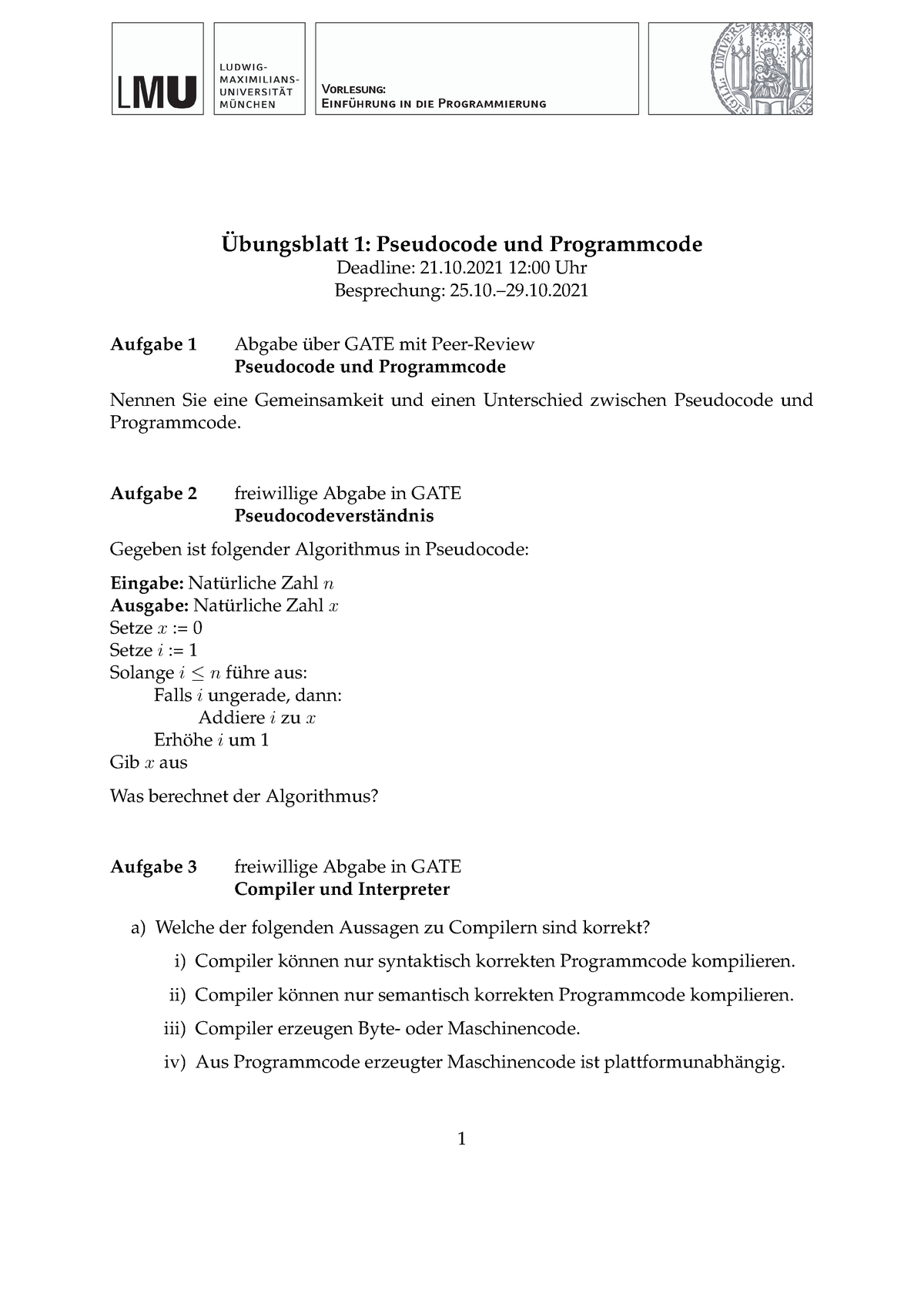 Einführung In Die Programmierung 1. Übung - LMU - Studocu