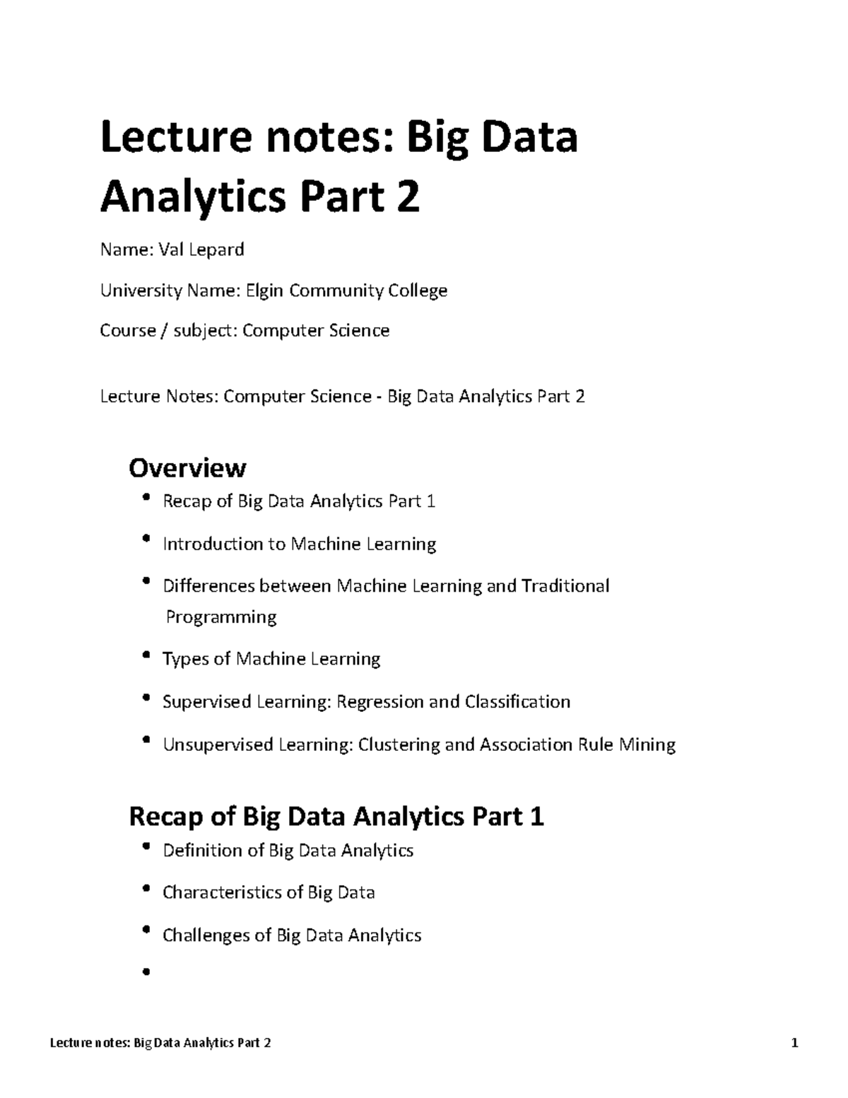 Lecture Notes Big Data Analytics Part 2 - Lecture Notes: Big Data ...