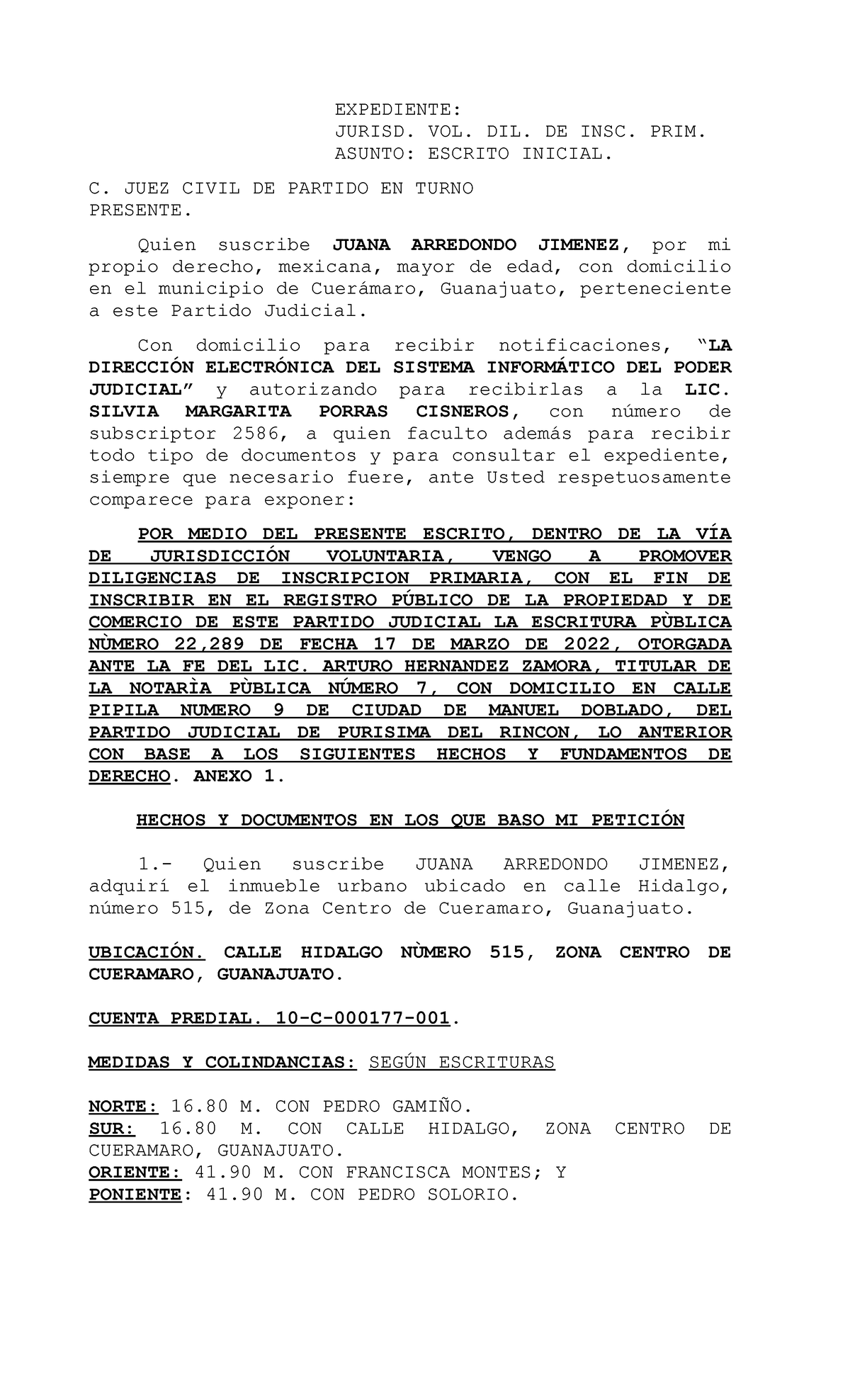 INSC. PRIM. Juana Arredondo - EXPEDIENTE: JURISD. VOL. DIL. DE INSC ...