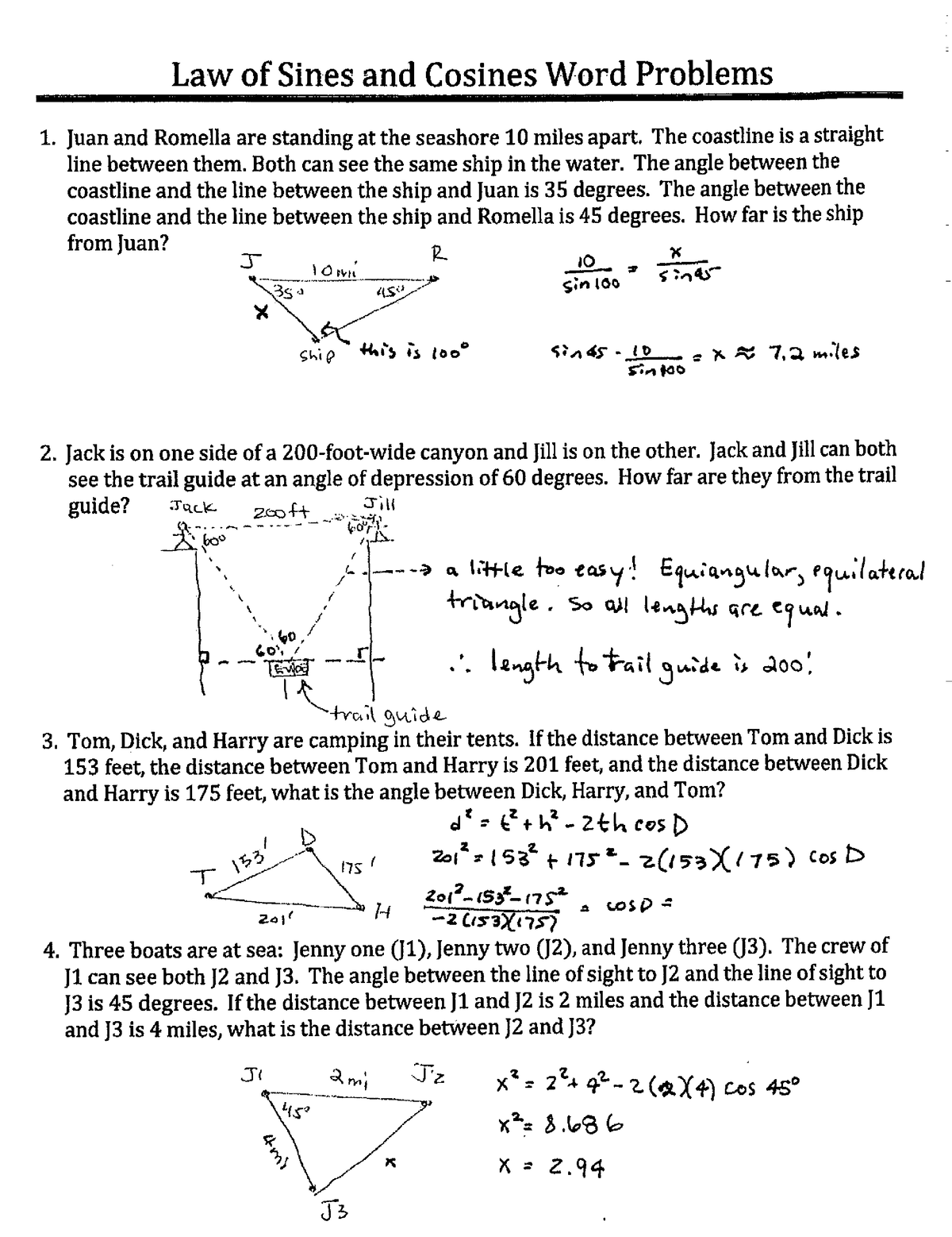 Law Of Sines And Cosines Word Problems Worksheet 2 Answer Key MAT 129 StuDocu