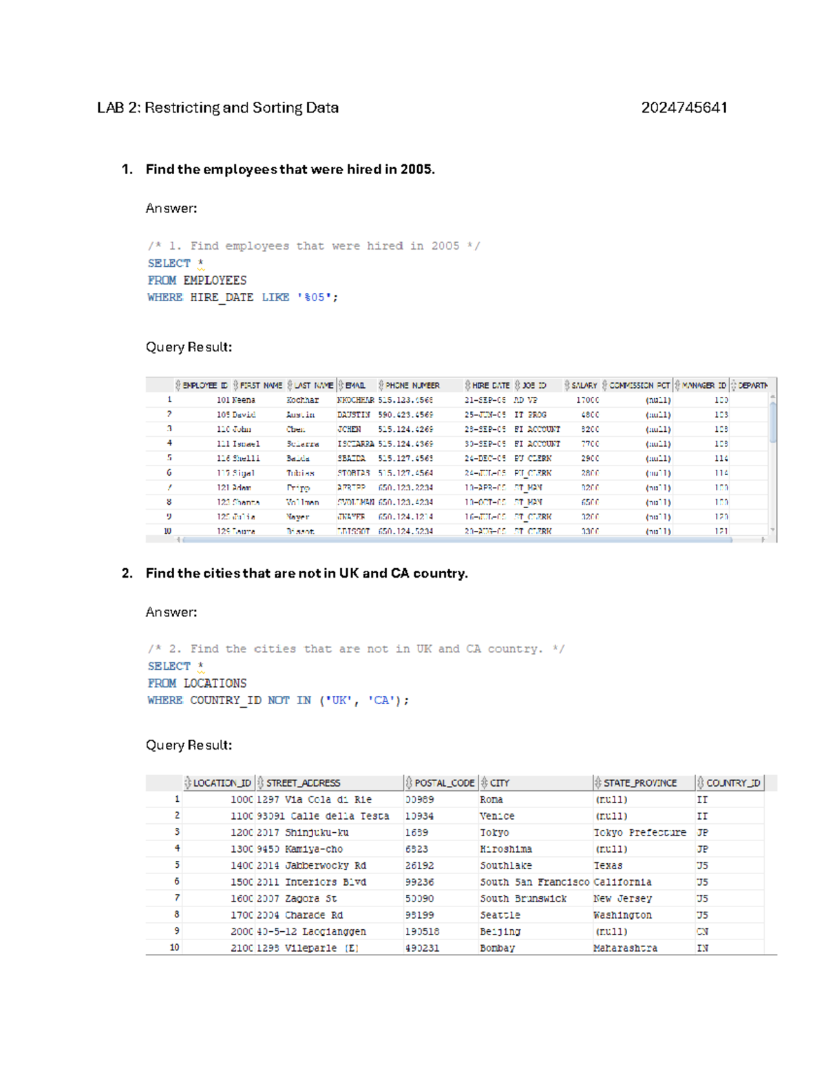 20234 LE2 3A 2024745641 - Database Engineering - LAB 2: Restricting and ...