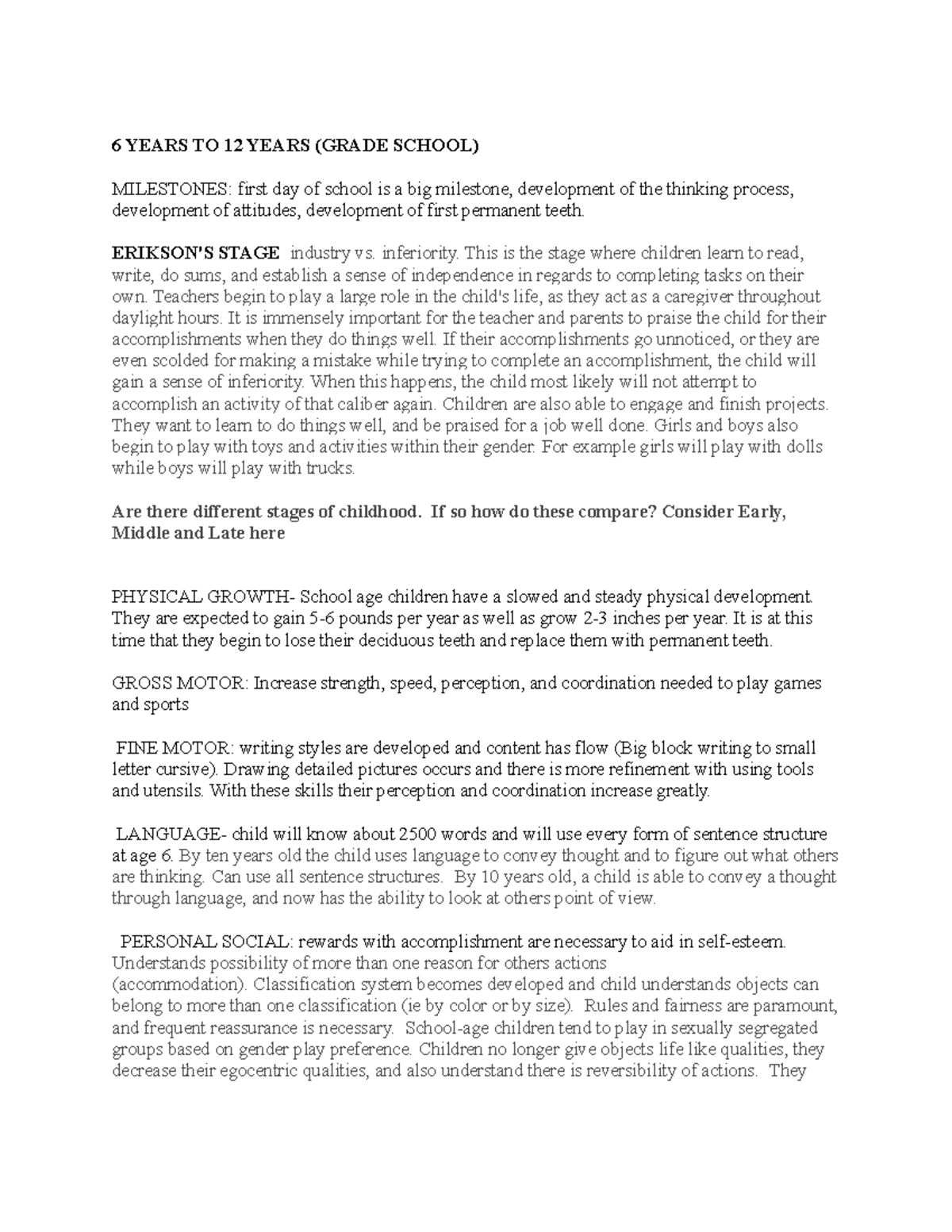 Development focused care school and adolescence - 6 YEARS TO 12 YEARS ...