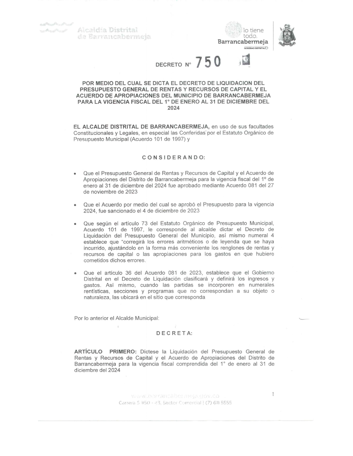 Decreto 750 Liquidacion DEL Presupuesto 2024 2 Costos Y Presupuestos